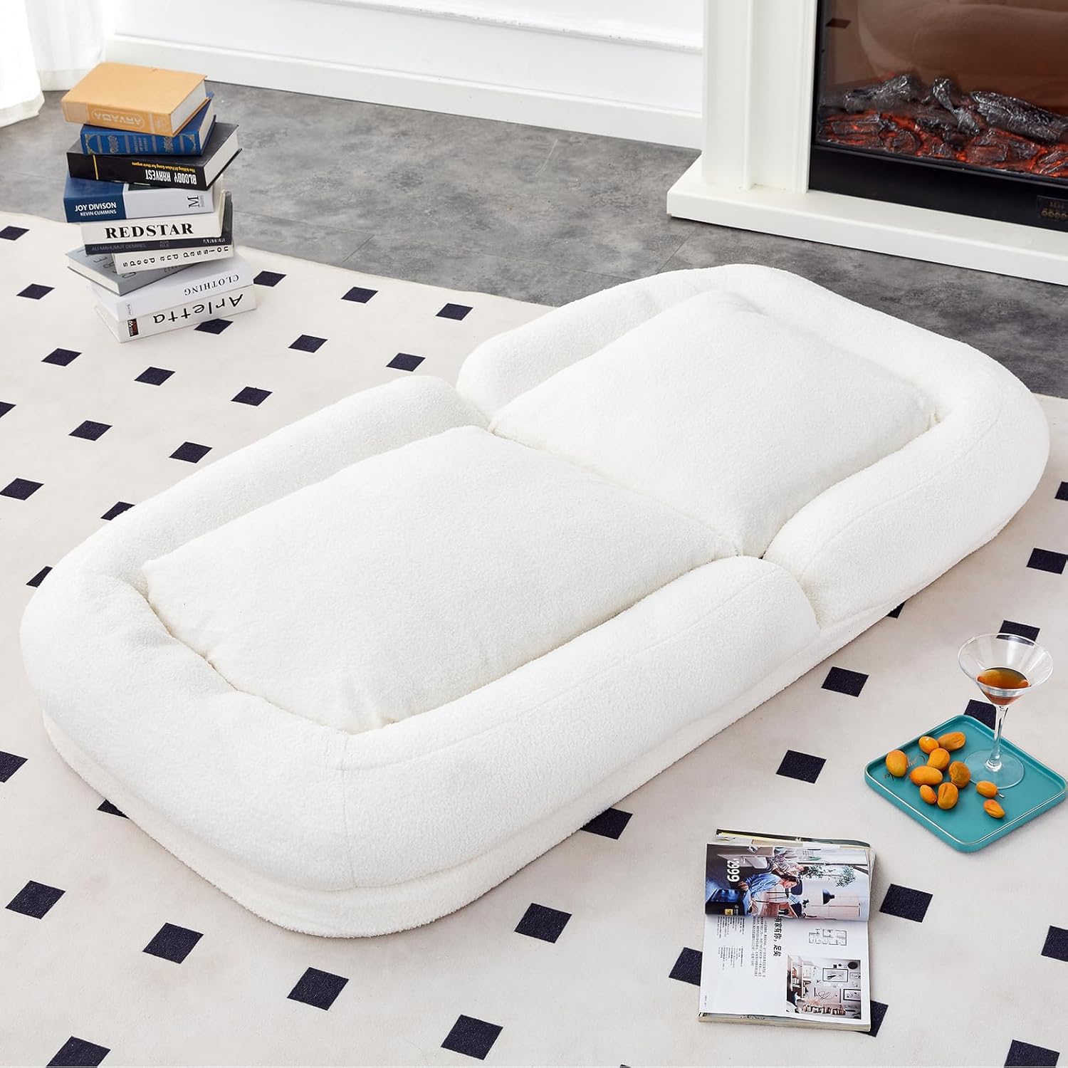 Foldable Human Dog Bed for Adult, Lazy Sofa Bed with 5 Adjustable Positions, Metal Folding Lazy Sofa for Living Room Bedroom (White(Teddy Velevt))