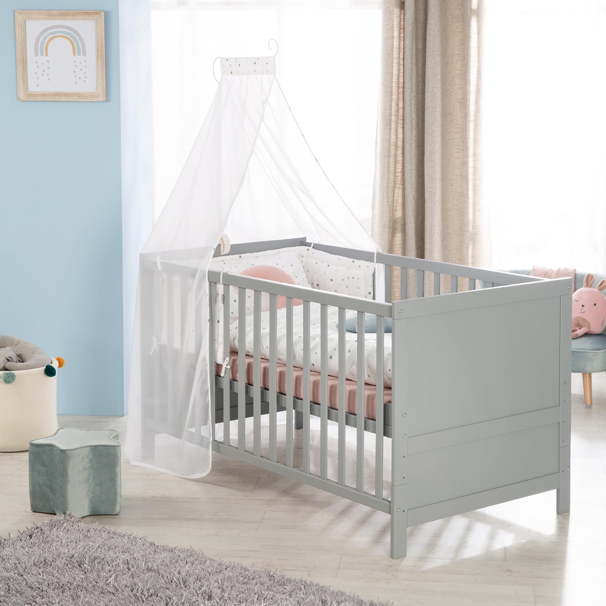 roba Cuna Convertible en Cama para Niños 70 x 140 - Cama Infantil con Barandilla Ajustable en 3 Alturas - 3 Barrotes Removibles - Madera Gris