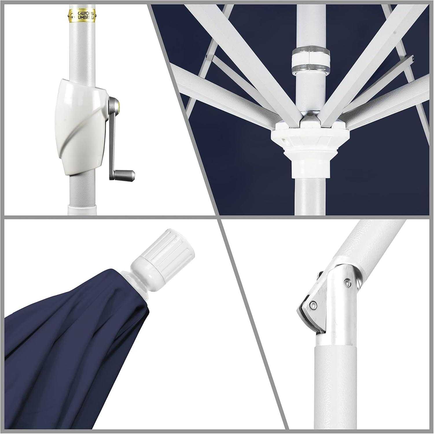 California Umbrella 7.5' Round Aluminum Market Umbrella, Crank Lift, Push Button Tilt, White Pole, Sunbrella Navy