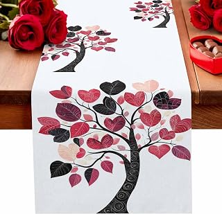 Valentine's Day Table Runner 13x90 Inch Cotton Linen Table Cloth, Funny Romantic Love Heart Tree Plants for Kitchen Home Dining Living Room Dinner Holiday Party Decor