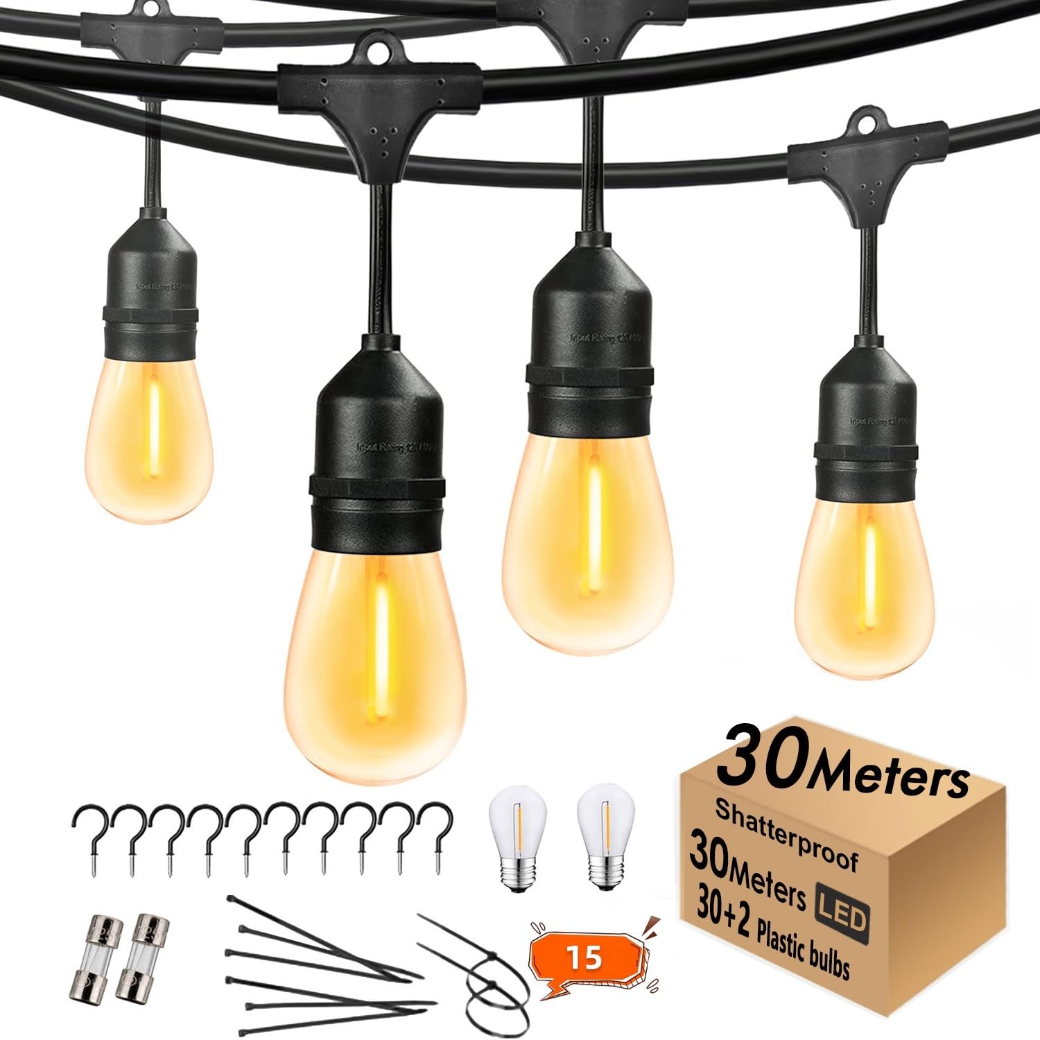 Garden Outdoor Lights 30M String Festoon Lights 100ft Outside Lighting Waterproof S14 Bulbs for Patio Gazebo Party Pergola Wedding Backyard Porch Terrace, Extension Cable Built-in, Extendable — image 1