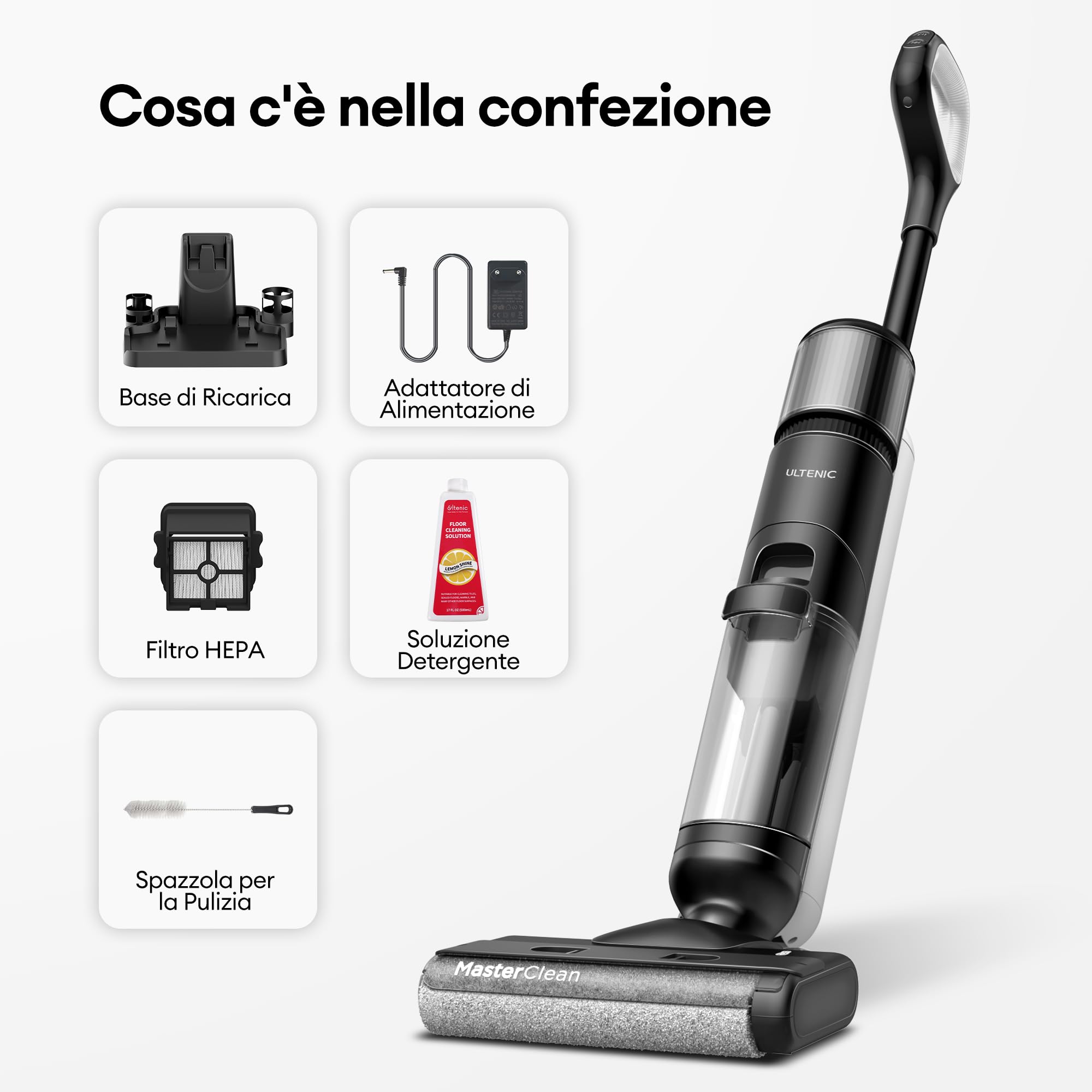 Ultenic Lavapavimenti Senza Filo, 50 Min Autonomia, Auto-Propulsione, Aspirapolvere Lavapavimenti con Rilevamento Automatico Sporco, Pulizia Bordi, Doppio Serbatoio, Assistente Vocale per Pavimenti