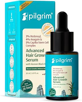 Pilgrim Redensyl 3% + Anagain 4% + Baicapil Advanced Hair Growth Serum 30ml for Scalp with Korean Black Rice | Control Hair Fall, Stimulate Hair Regrowth, Increase Hair Density | Women & Men