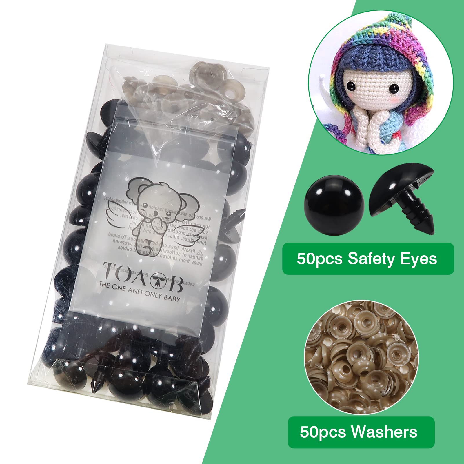 TOAOB 50pcs 20mm Noir Yeux de Sécurité d'animaux Peluche en Plastique avec 50pcs Rondelles pour Fabrication de Poupées Marionnettes