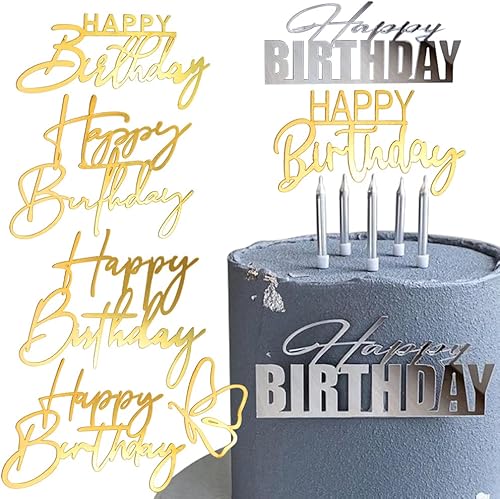 6 paquetes de decoración de pastel de feliz cumpleaños, espejo lateral, decoración de pastel de acrílico, decoración de pastel de feliz cumpleaños,