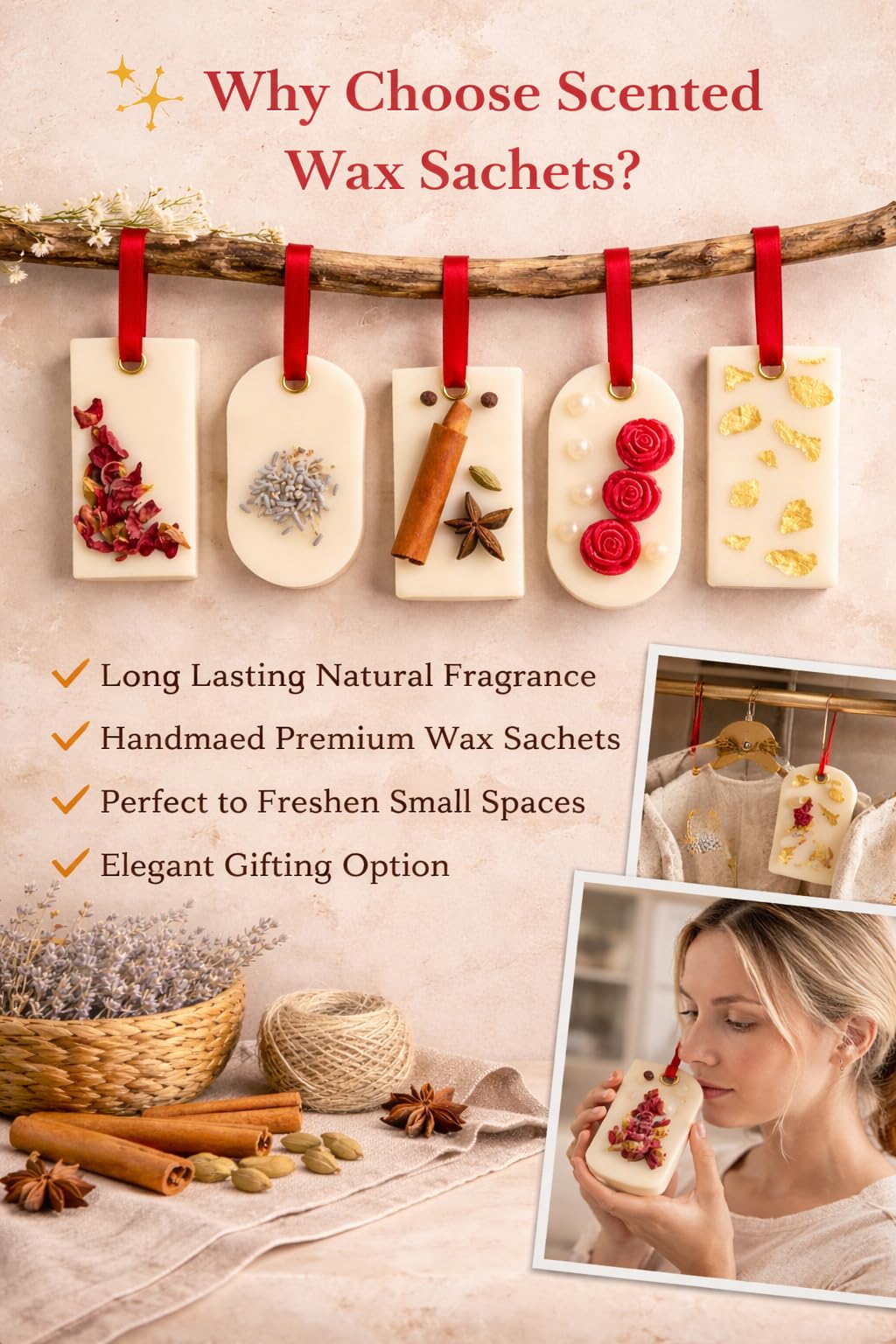 Evoroma Handmade Wax Sachets – Pack of 6 Mini Tablets in Lavender, Cinnamon Vanilla, Rose Vanilla,Rose,Camphor & Musk – Natural Air Freshener for Wardrobes, Closets, Drawers, Cars & Kitchens 3