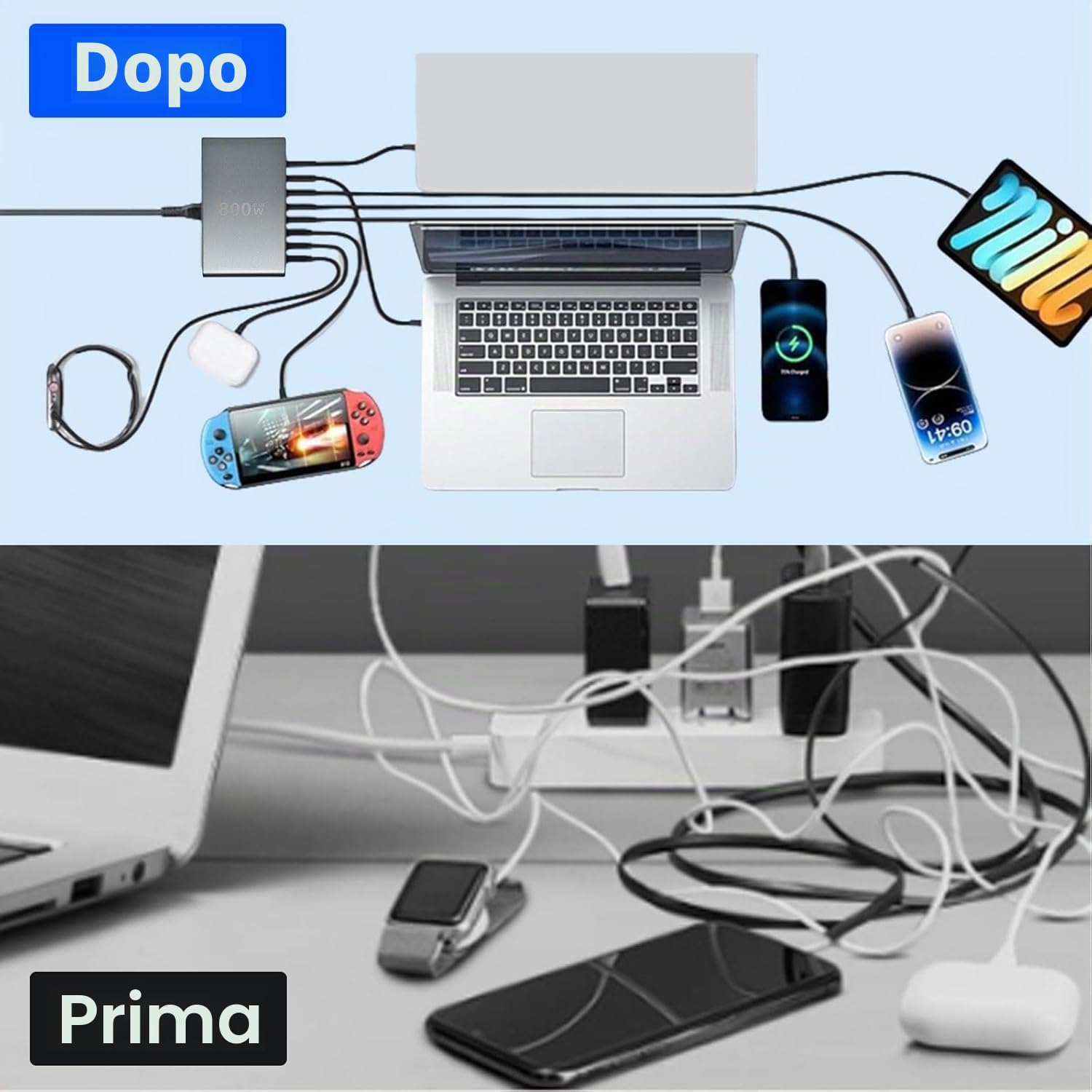 800W Caricatore USB Multiplo, 10 Porte (8 USB-C + 2 USB-A) con Ricarica Rapida, Con Cavo USB, Caricatore PD PPS 100W Alimentazione per MacBook, iPad Pro/Air etc