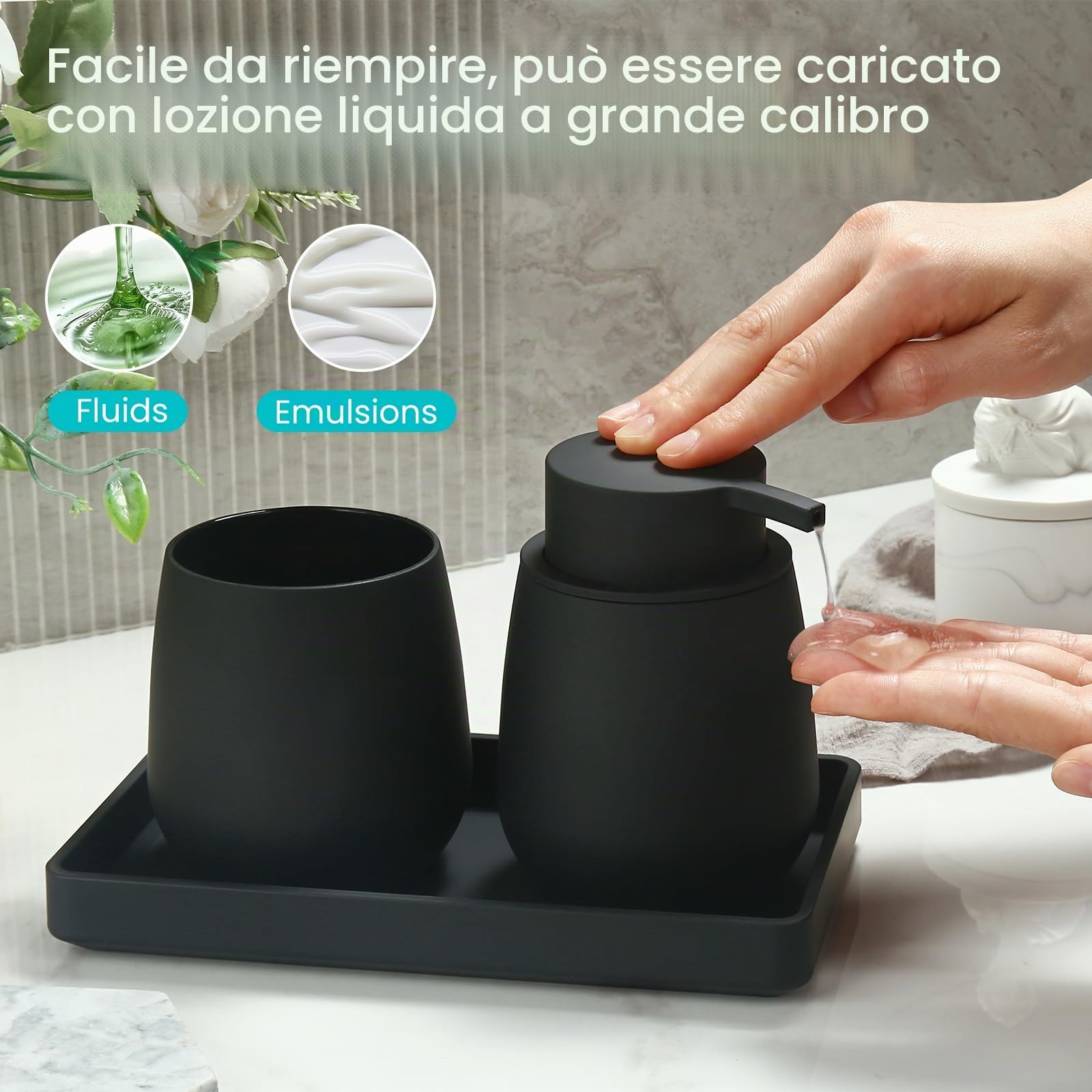 Set Bagno Nero - Dispenser Sapone, Portaspazzolino, Vassoio da Vanity, Moderno Accessori Bagno con Rivestimento in Gomma, Organizzatore da Banco Decorativo (Nero)