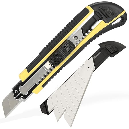 Wiltop Utility Knife, Heavy Duty Box Cutter with 2 Extra Retractable Blades Storage in Handle, Toughbuilt TPR Handle, ABS Body and Stainless Blade Slot