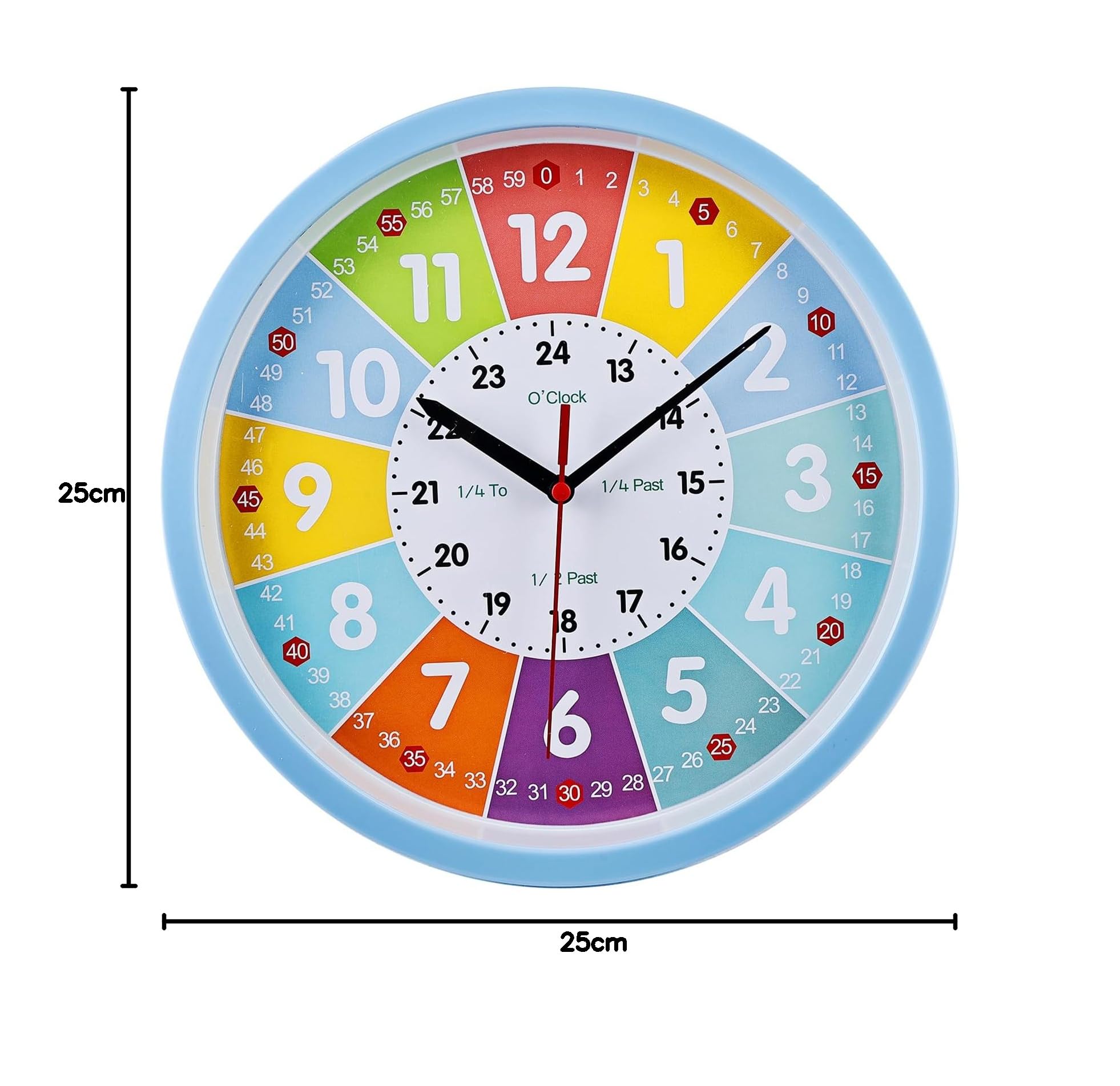 HOSPAOP Orologio Da Parete Silenzioso per Bambini, Orologio Didattico Colorato Senza Ticchettio, Ideale per Ragazzi e Ragazze, Camera dei Bambini, Camera da Letto, Cucina, Soggiorno, Scuola - 25 cm