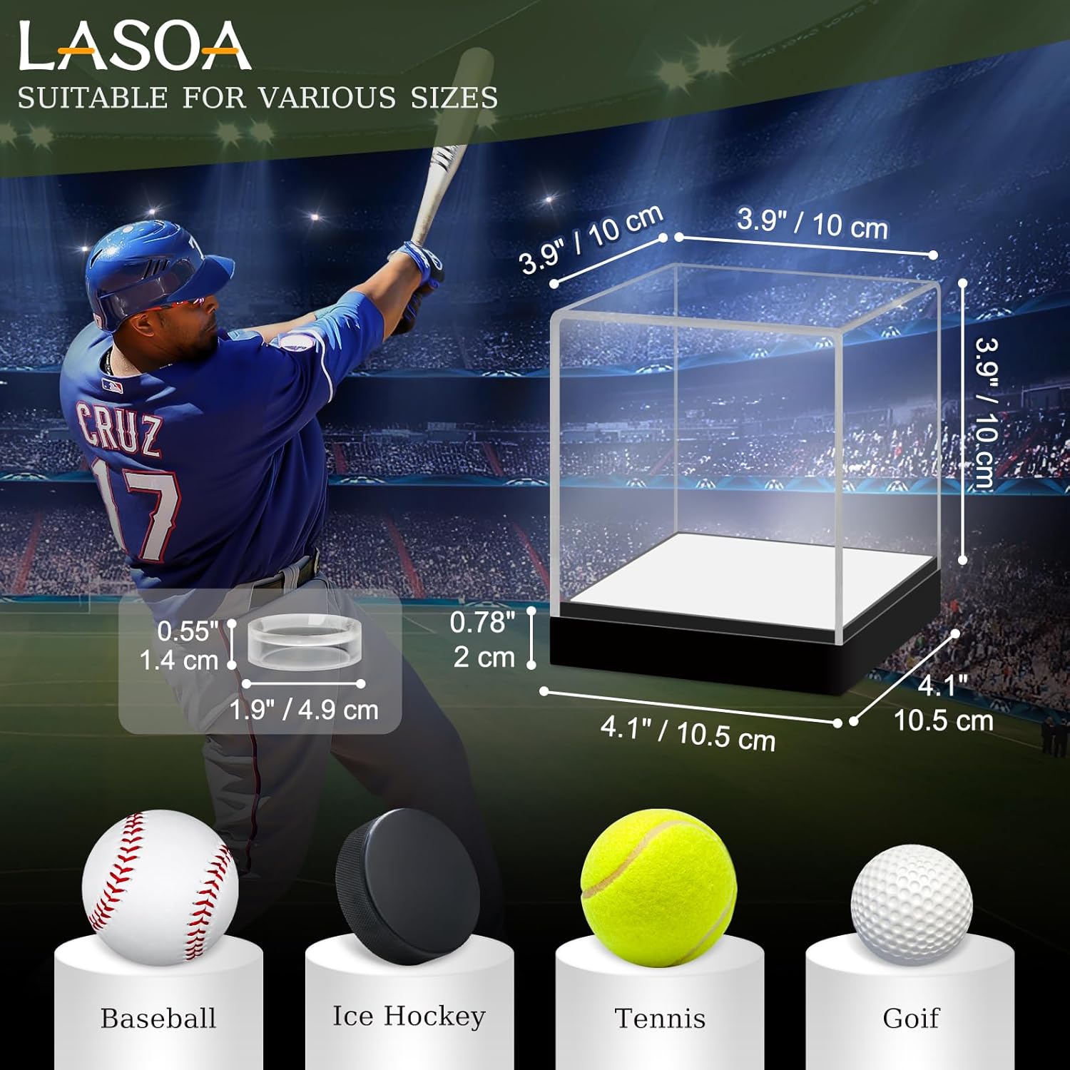 LASOA Baseball Display Case with RGBW LED Light, Acrylic Display Box for Memorabilia, UV Protection Dust Proof for Autographed Ball with Ball Stand, 4x4x4 Inch