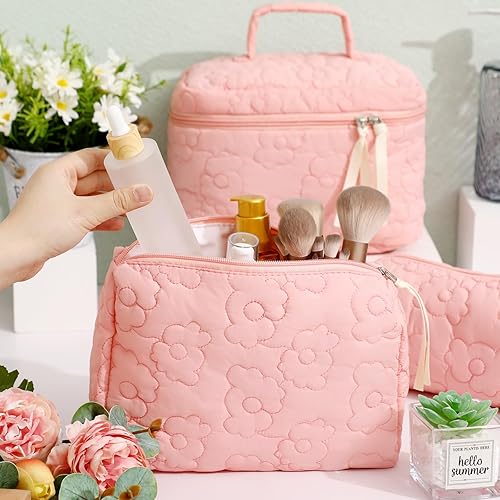 Miniatura 5 de Paterr Juego de 3 bolsas de maquillaje acolchadas de algodón, bolsa de cosméticos de coqueta, bolsa de viaje para artículos de tocador, bonita bolsa