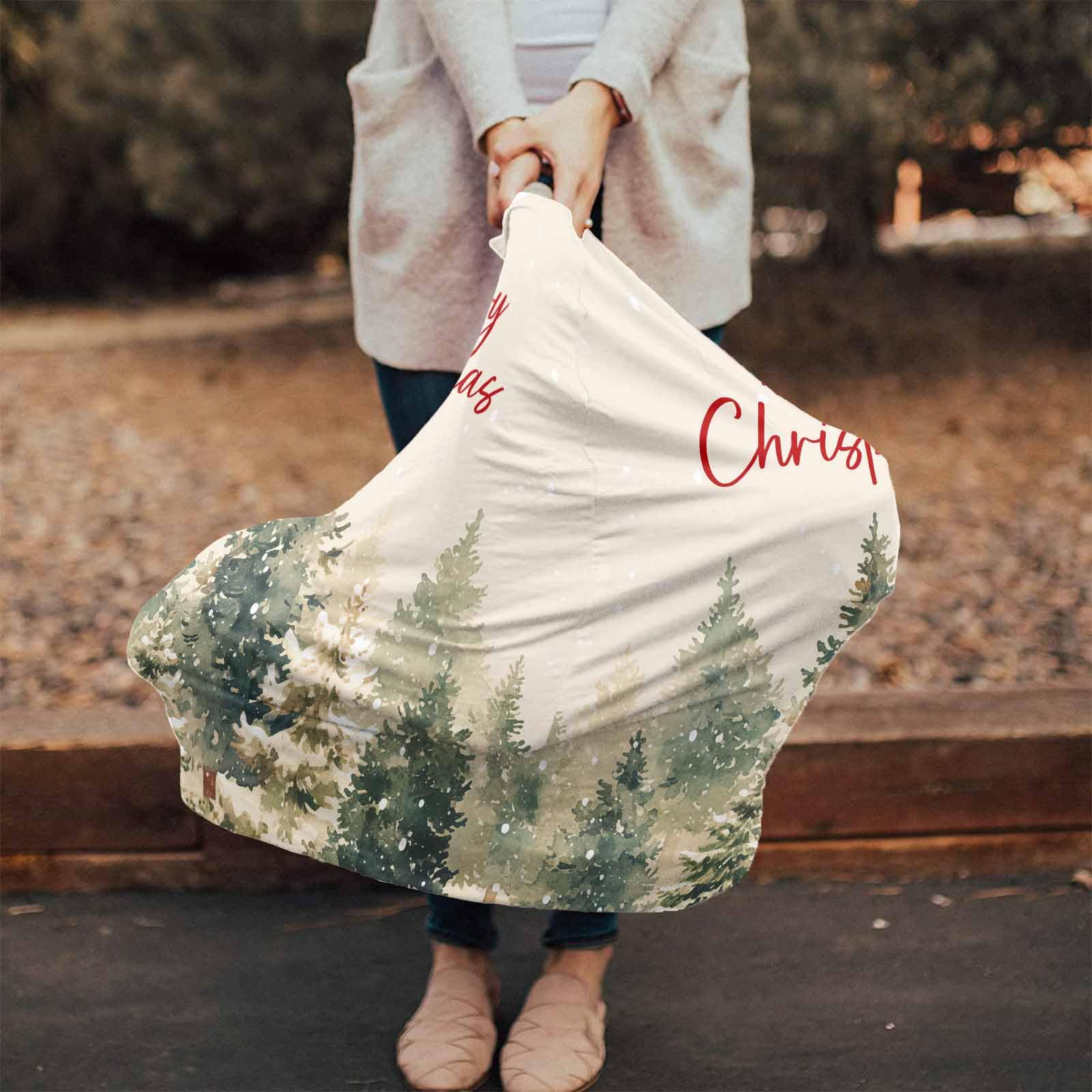 Nursing Cover for Breastfeeding Scarf, Beige Merry Christmas Pine Forest Snow Baby Car Covers Super Soft Multi Use for Canopy Shopping Cart Cover Blanket Stroller Cover