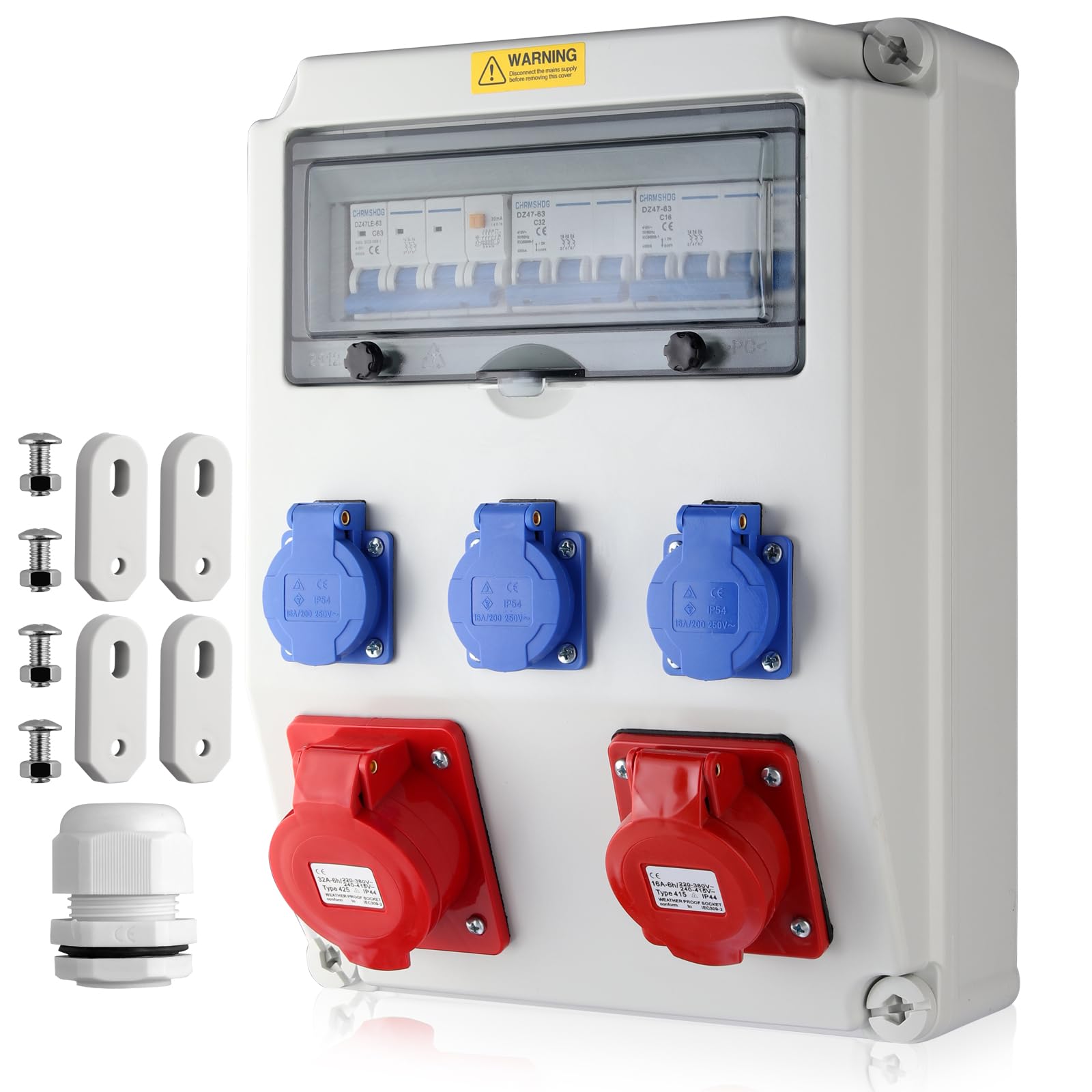 EYPINS Distribuidor de Corriente para Construcción con LS+FI, Distribuidor de Pared 3x 230V Enchufes Schuko 16A+Enchufes CEE 16A+32A, IP66, ABS Ignífugo para Interiores, Exteriores, Talleres y Fábrica