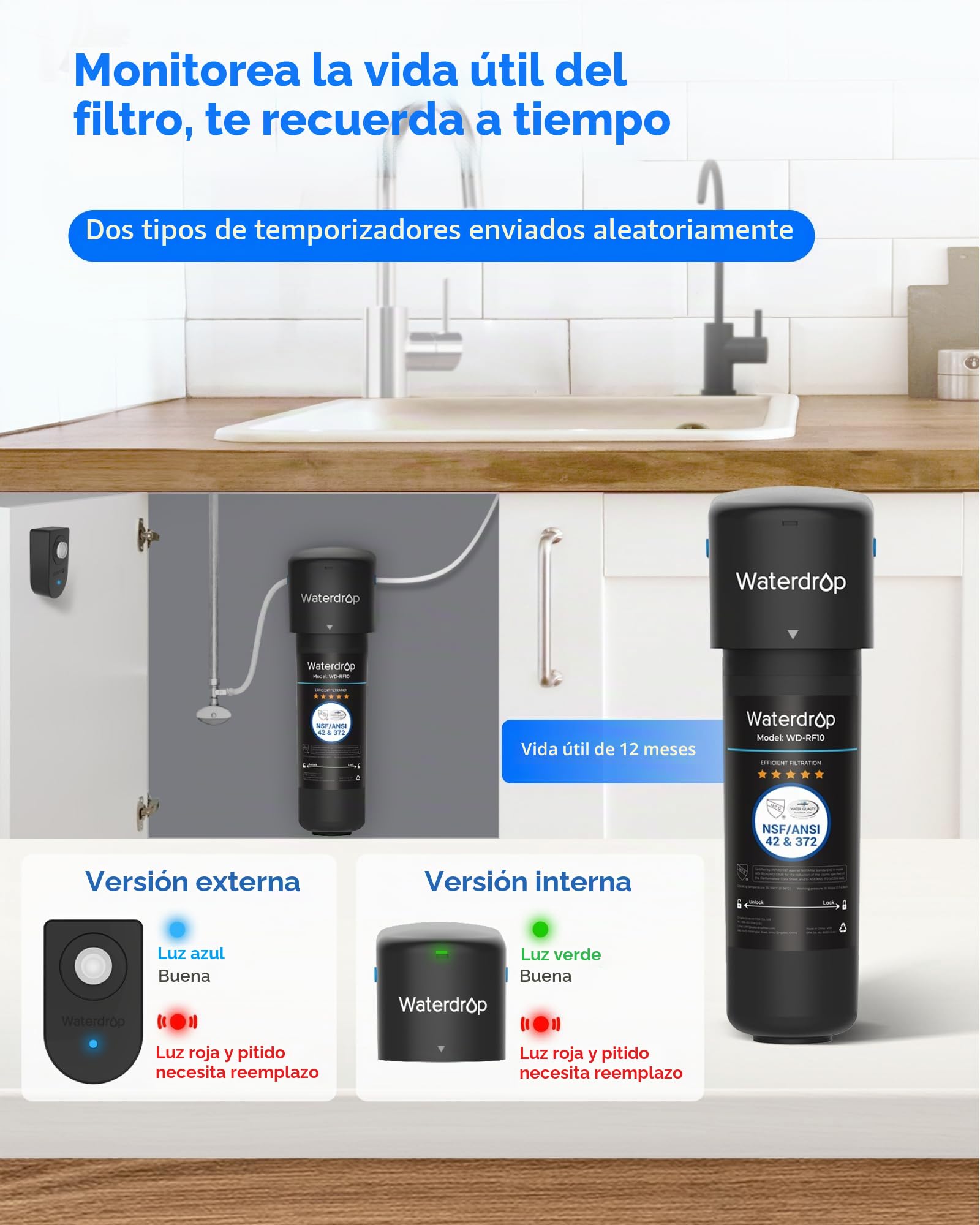 Waterdrop 10UB-B Filtro de Agua Bajo Fregadero con Grifo Negro Mate, Certificado NSF/ANSI 42, 11000 Galones Sistema de Filtrado de Agua, Reduce 99,99% el Plomo, el Cloro, el Mal Sabor