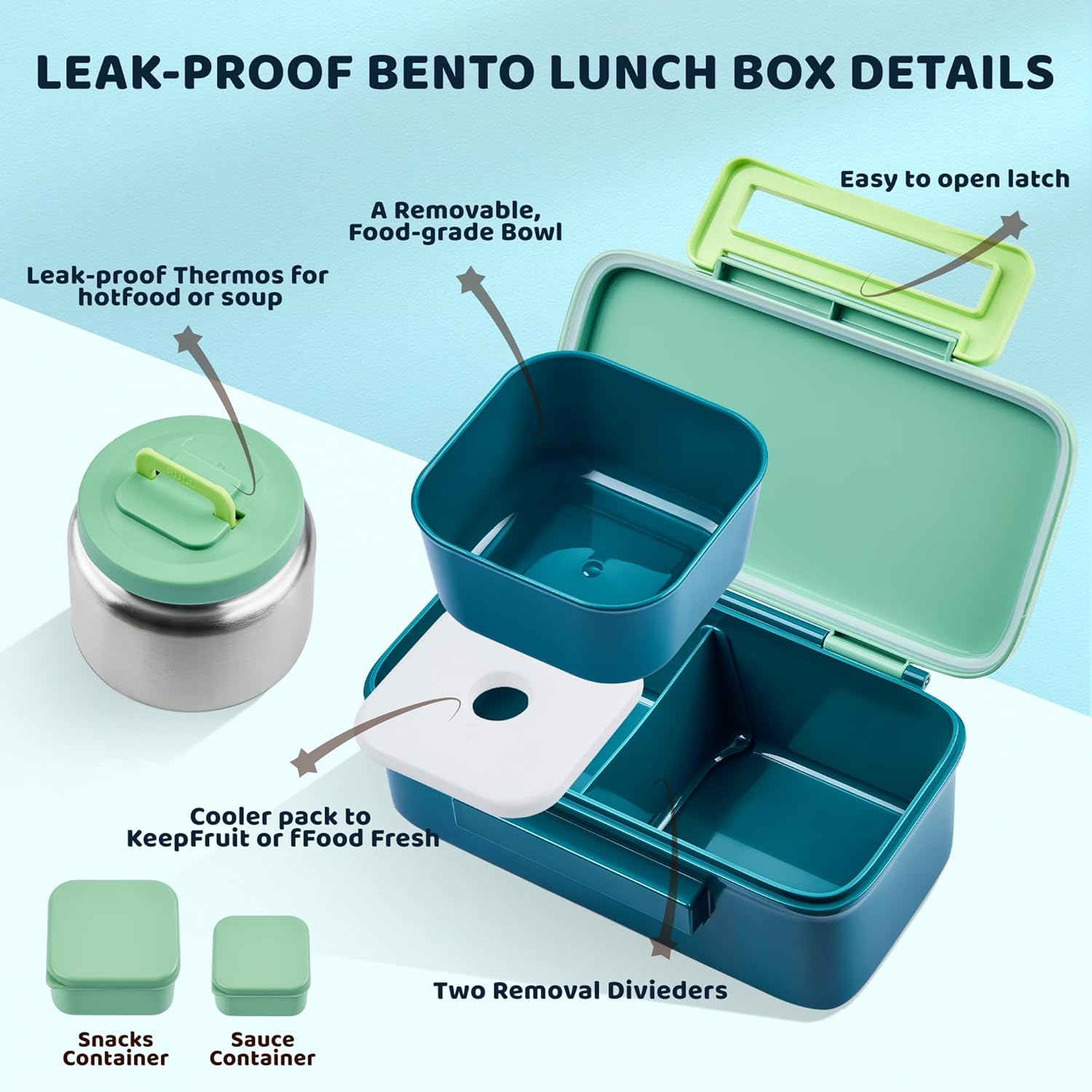 Lunch Box for Kids With 8oz Soup Thermo, Leak-proof Lunch Container with 2 Compartments, Thermo Food Jar Food Containers for Back to School Girls Boys (Green) - Image 3