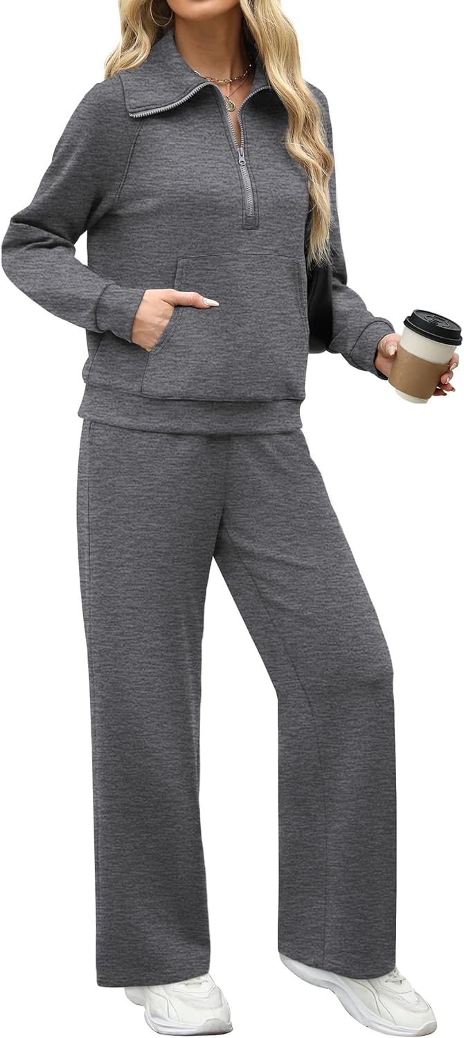 XIEERDUO Lounge Sets For Women 2 Piece Sweatsuits Sweatpants Set Outfits Kangaroo Pocket Sweatshirt Dimgray M - Image 3