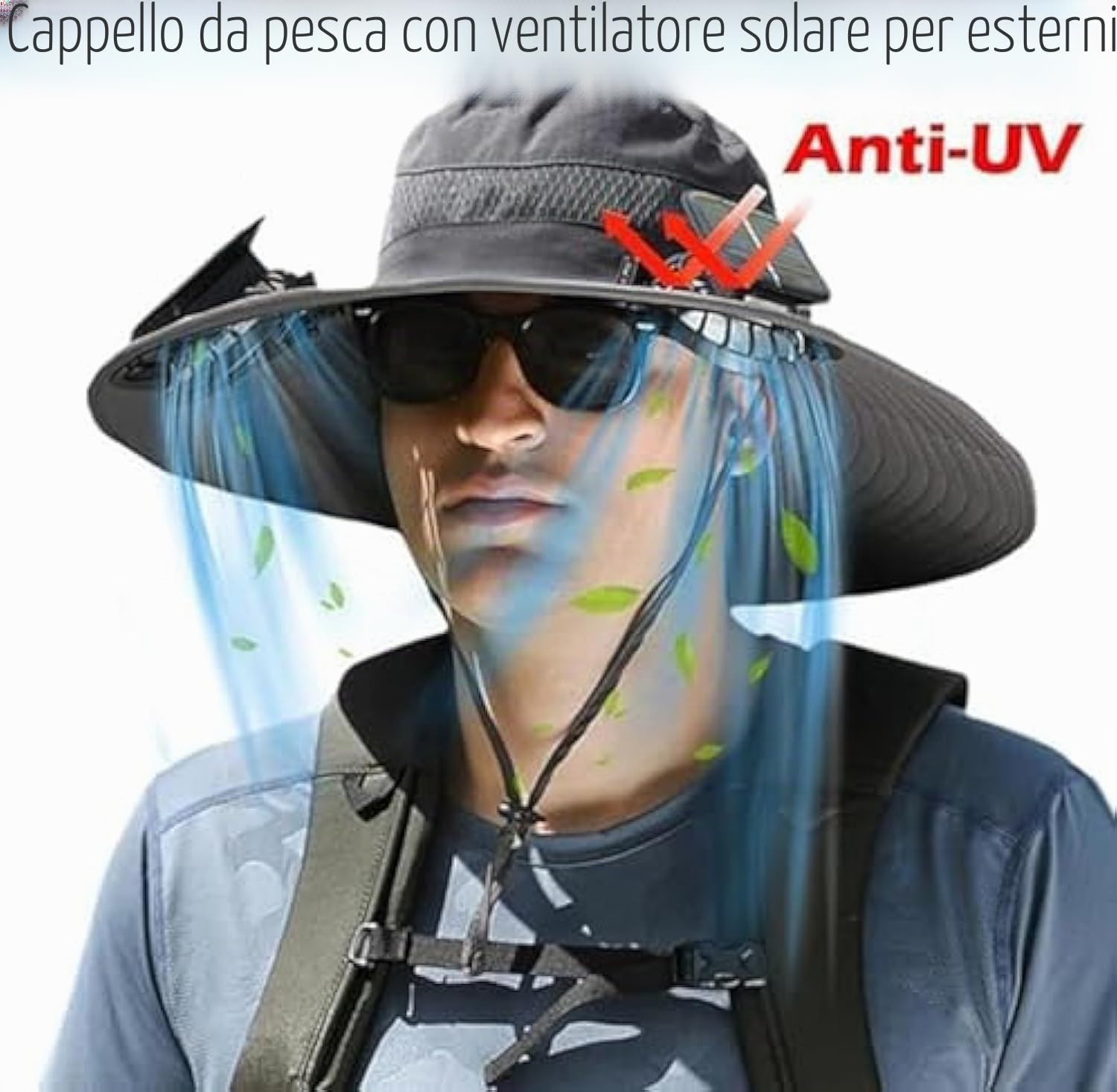 2025 New Solar Fan Outdoor Fishing Hat, Outdoor Wide Brim Sun Hat with Fans Solar Power Built in for Men Women
