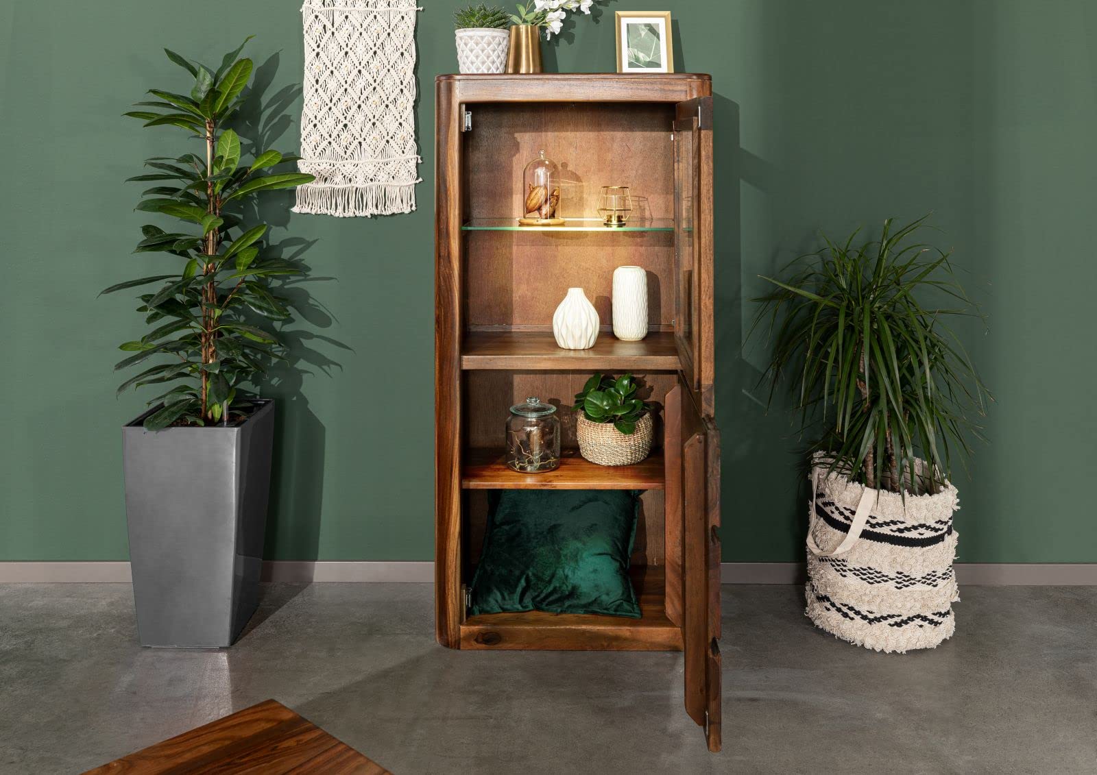 MASSIVMOEBEL24.DE | Toronto Vitrine 70x145x40 Sheesham/Palisander Größen, Farbe:Dunkelbraun gewachst, Größe:70x40x145 cm (BxTxH)