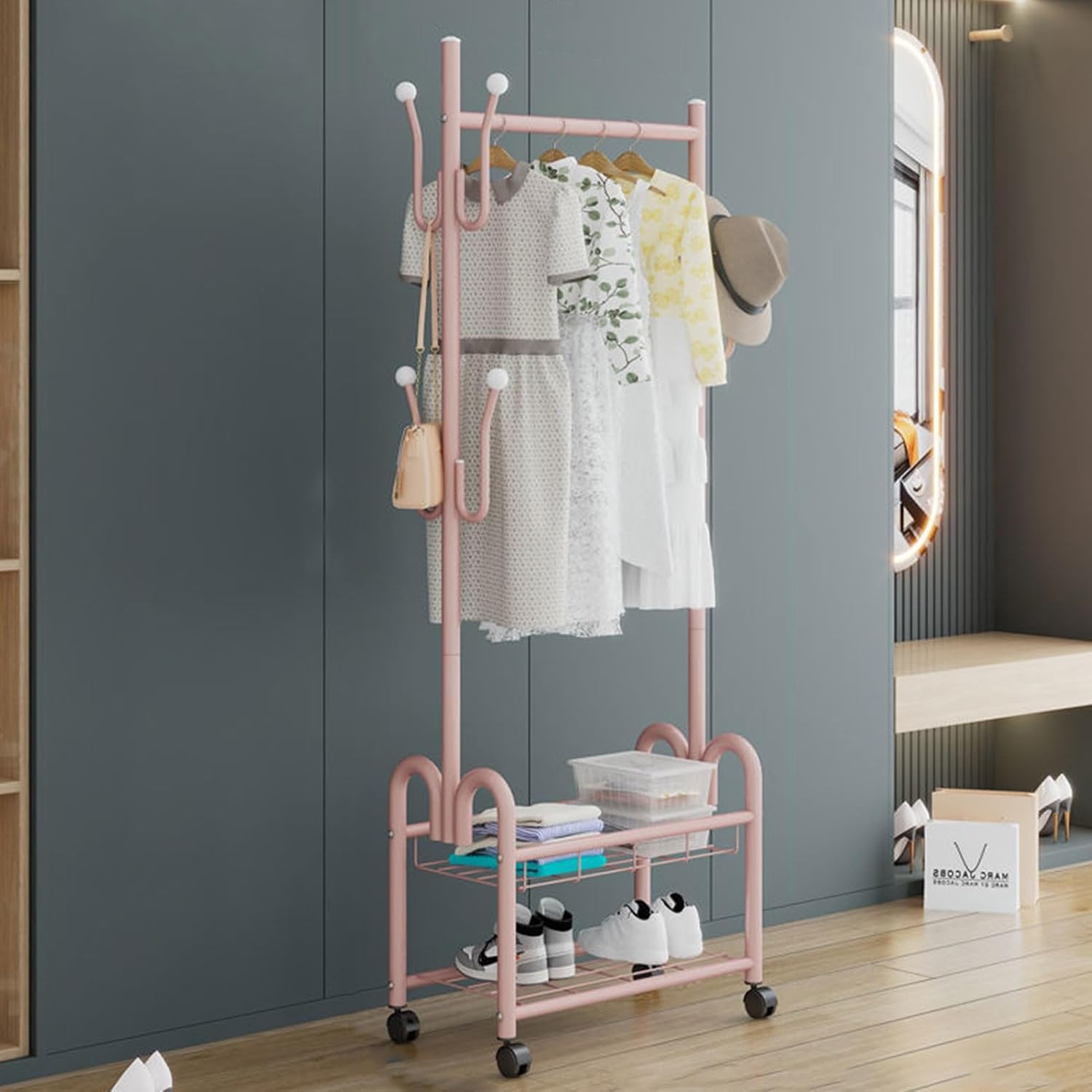 Freestanding Metal Clothing Hanger Rack with Wheels, Pink Organizer for Bedroom, Living Room & Retail, 100cm/39.37in Garment Storage Solution