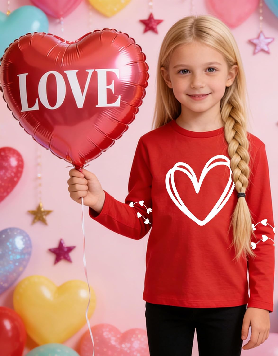 Kid Girl Valentine's Day Shirt: Heart Graphic Print Long Sleeve T-Shirts Valentine Pullover Tops 5-14 Years
