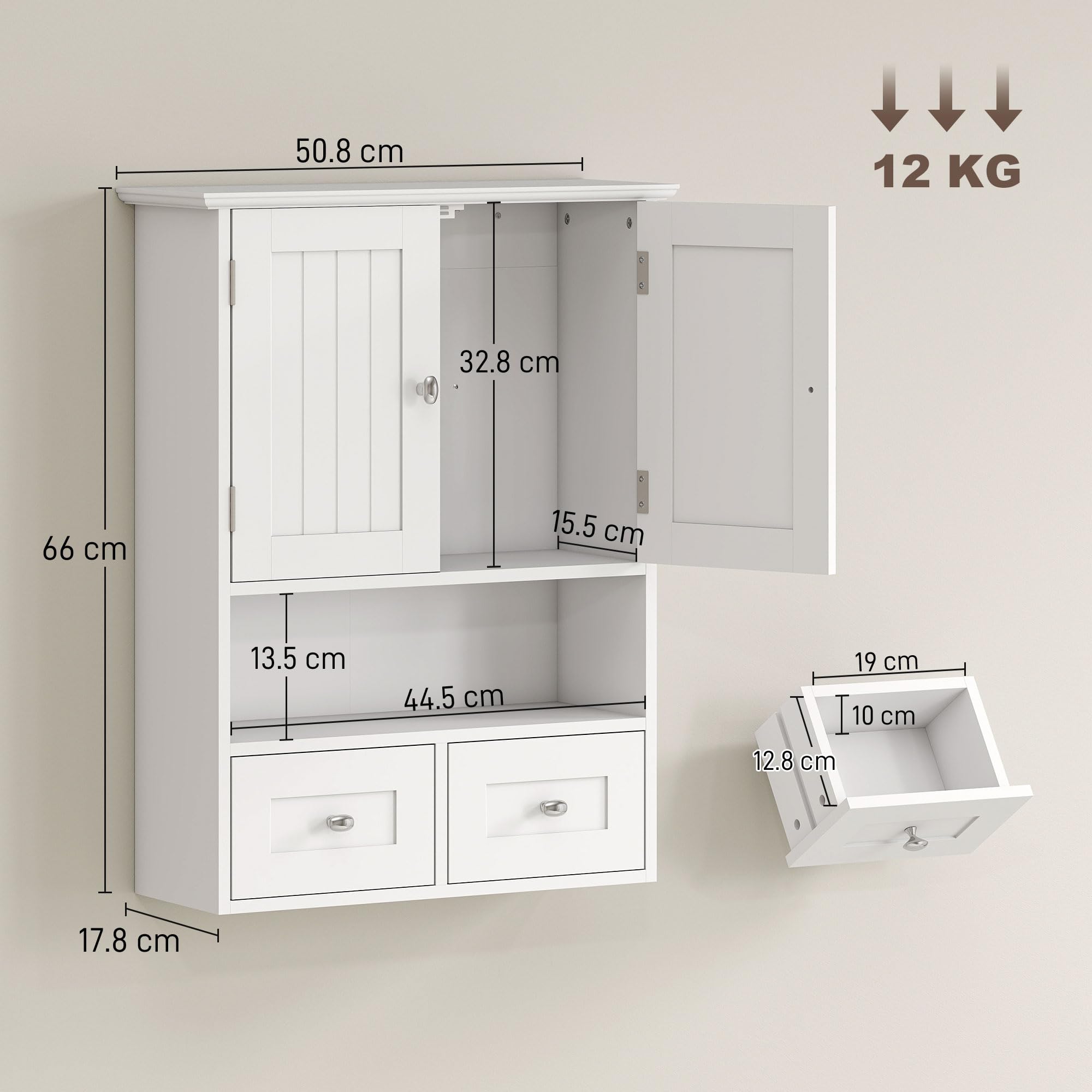 kleankin Armadietto Pensile Bagno a 2 Ante con Ripiano Aperto e 2 Cassetti, Mobiletto Multiuso per Cucina, Ingresso e Soggiorno, Bianco