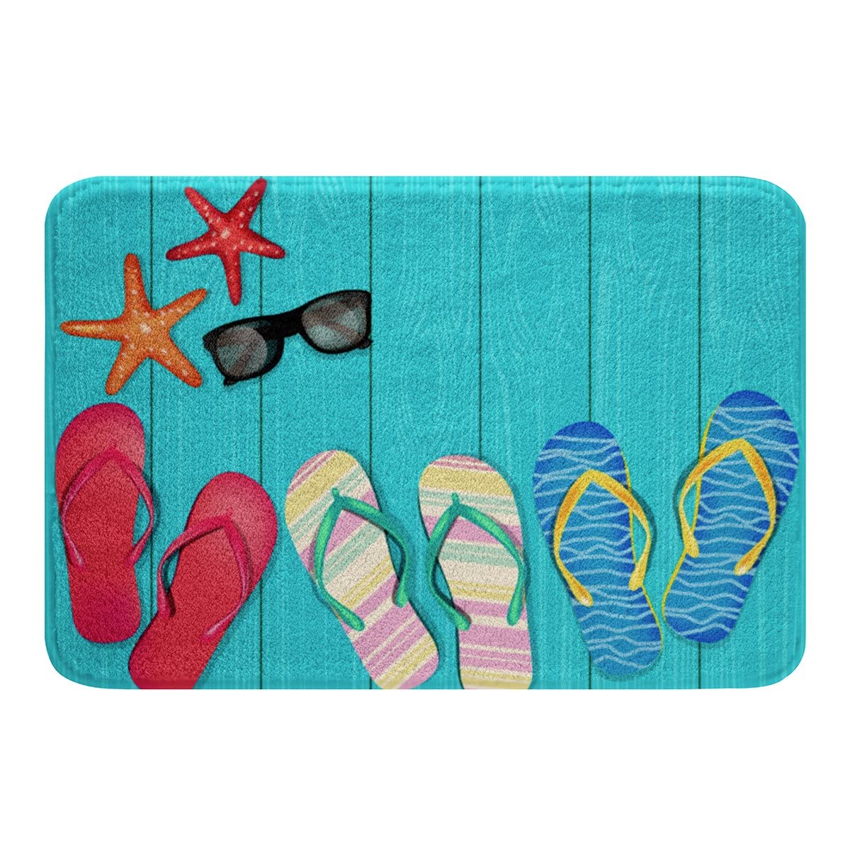 Coastal Beach Theme Bathroom Rugs,Funky Flip-Flops Sunglasses Bath Mat Vintage Blue Wooden Board Doormats Floor Mats Summer Entryway Rug,Hawaii Room Decor Bathroom Accessories 16x24Inch