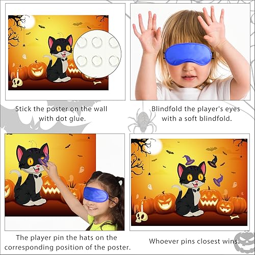Miniatura 4 de Morcheiong Juego de Halloween Pin The Tail on The Cat Game con 36 sombreros, actividades de fiesta de Halloween, suministros para niños