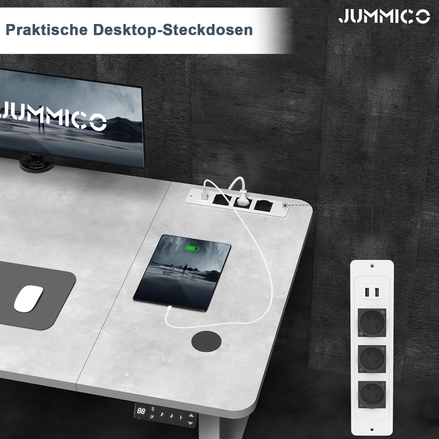 JUMMICO Biurko z regulacją wysokości z bezprzewodową stacją ładującą i gniazdem Euro z USB, 140 x 70 cm, biurko z regulacją wysokości, elektryczny stolik stojący na kółkach, kolor szary