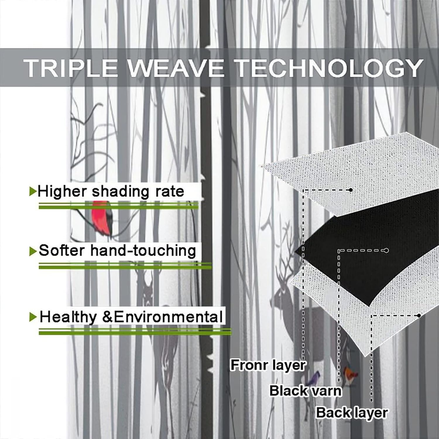 Tree Birds Bathroom Curtains,Abstract Watercolor Birch Tree Bullfinch Deer Forest Home Decor Window Rod Pocket Curtain for Living Room Bedroom W42xL63in