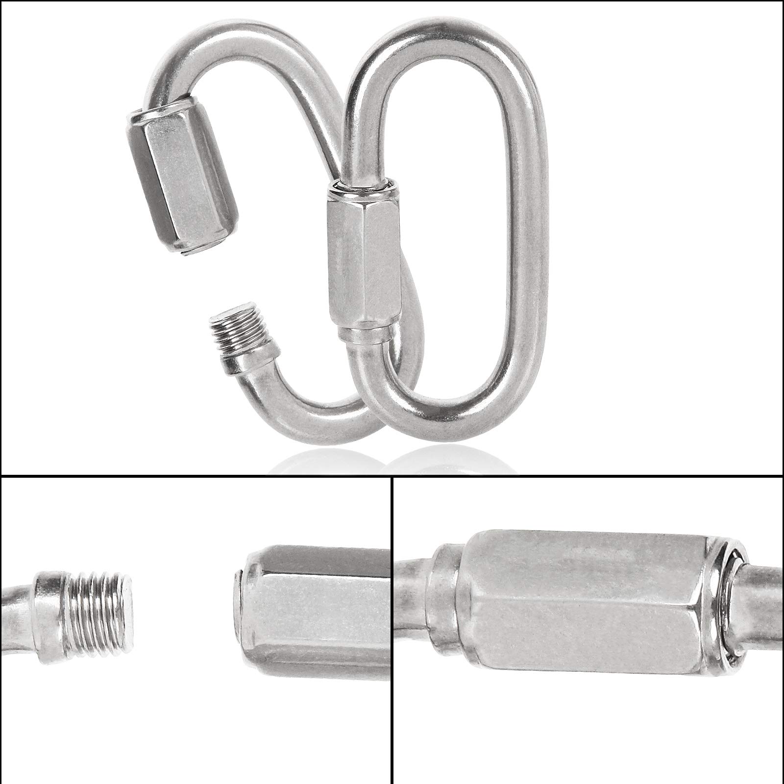 20 eslabones de cadena de acero inoxidable de 1/4 pulgadas, mosquetón ovalado M6 de eslabones rápidos, clip de cadena rápido roscado pequeño, conector de cuerda para camping, senderismo, columpio,