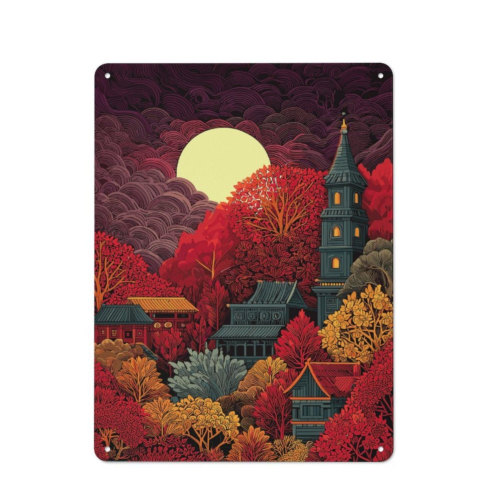 Junmoney Japanese Landscape With Pagoda And Moon Country Vintage Metal Wall Decor 40X30cm, Farmhouse Metal Sign For Kitchen, Cottage, Porch Or Garden Room