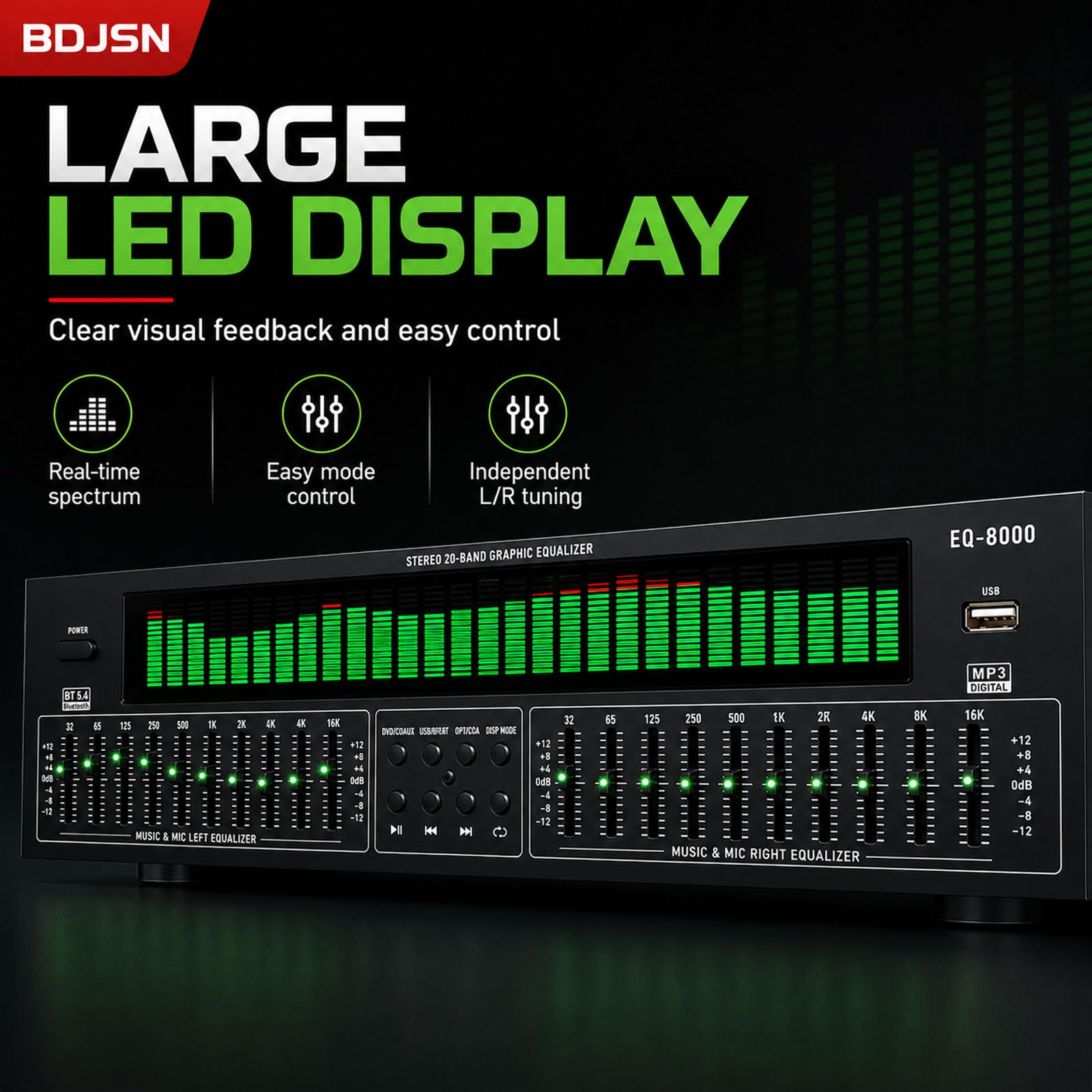 Equalizzatore Grafico Stereo, Equalizzatore Spettro Audio con Display LED, Regolazione Indipendente Doppia 10 Bande, Riproduzione USB, Ingresso Uscita Ottico Coassiale RCA per Home Theater, KTV