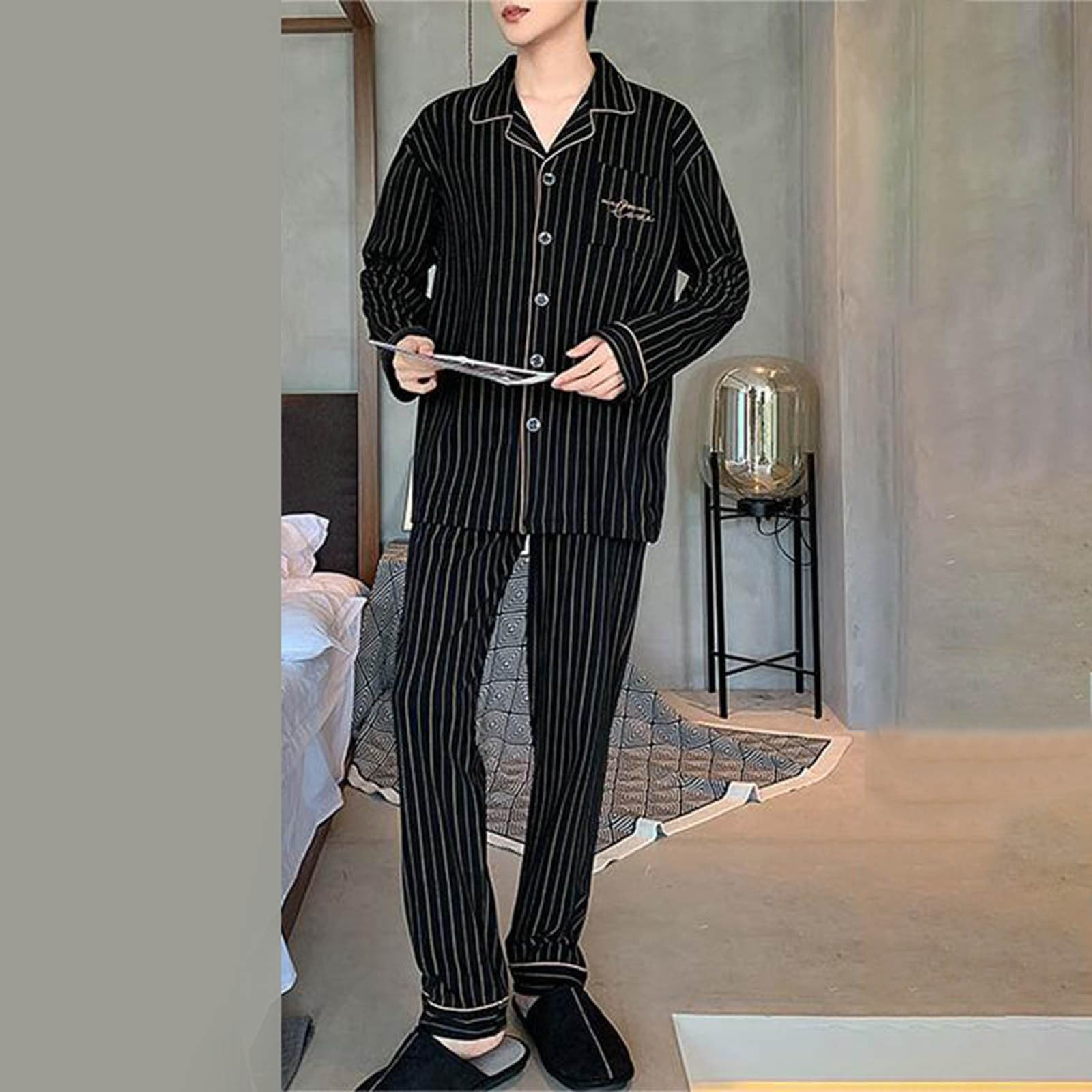 Pigiama Uomo Verticale A Righe Vestiti Due Pezzi Vestibilità Rilassata Set 2 Pezzi Cotone Confortevole Tuta Pigiameria E Pantaloni Pigiama