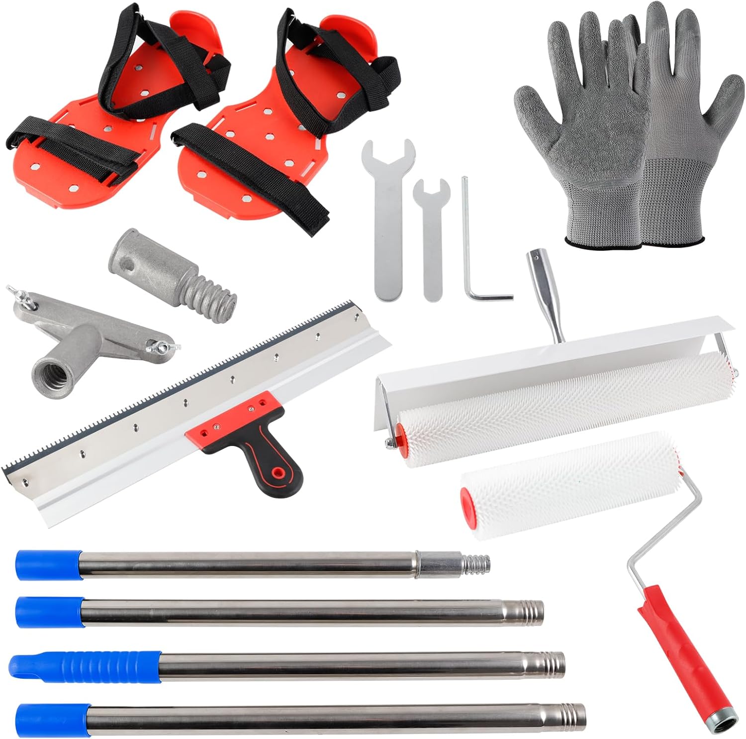 Self-Leveling Epoxy Floor Tool Kit with 20" Spiked Roller, 22" Epoxy Squeegee, 9" Bubble Buster Roller, Extension Poles, Spiked Shoes, and Gloves for Concrete Coatings & Paint Applications