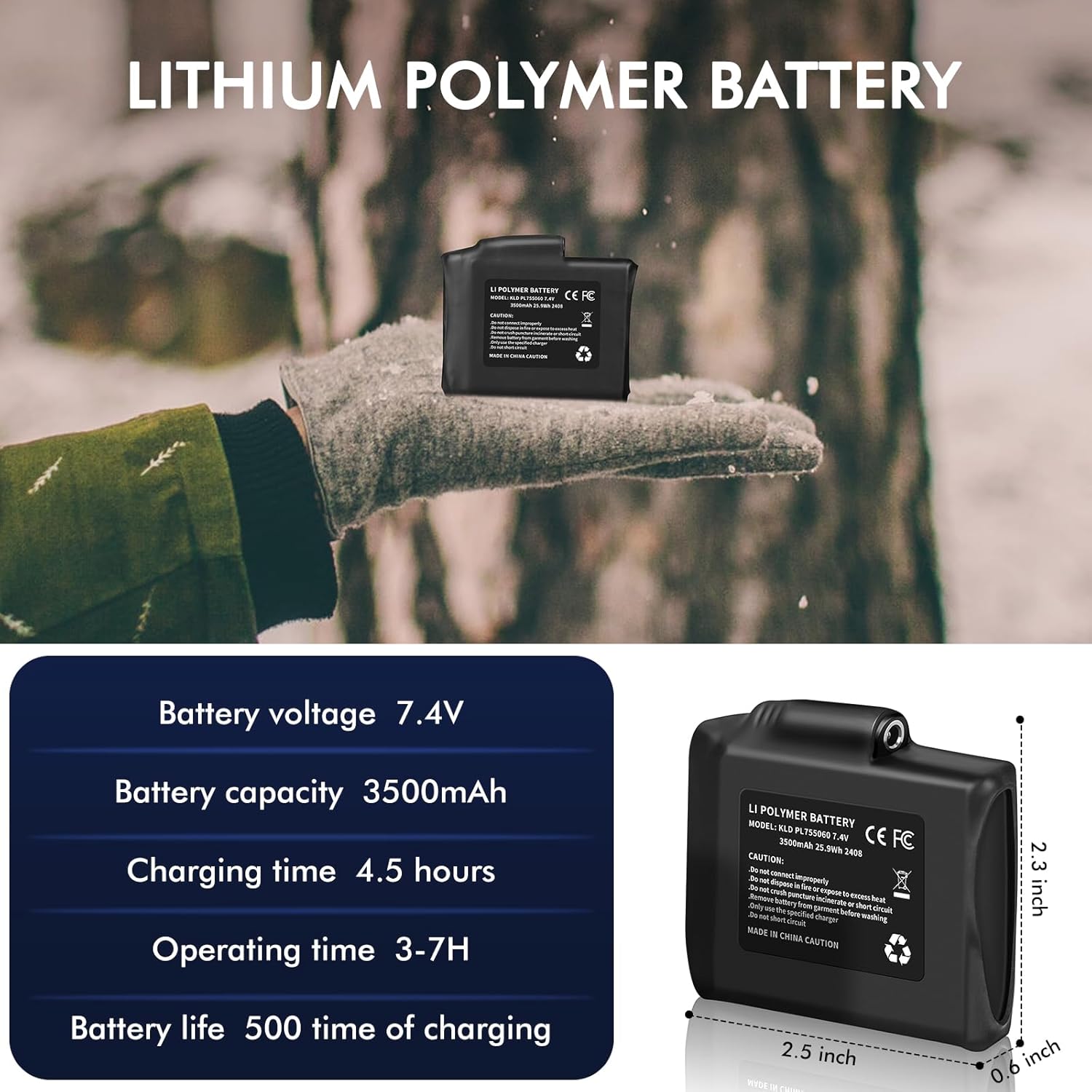 7.4V 3500mAh Lithium Polymer Batteries - 2pcs Rechargeable Li-Polymer Batteries for Heated Gloves Socks Hats Jacks. Support 3.5mm Female DC Jack, Suitable for Skiing, Hunting, Hiking - Image 4