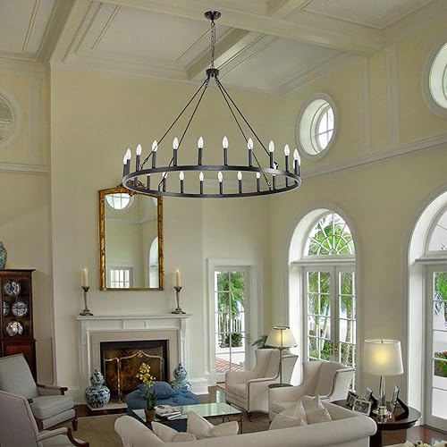 Vista 42 de Candelabro de iluminación de rueda de carro, 6 luces con pantalla de vidrio semillado, lámpara redonda de madera para cocina, isla de vestíbulo