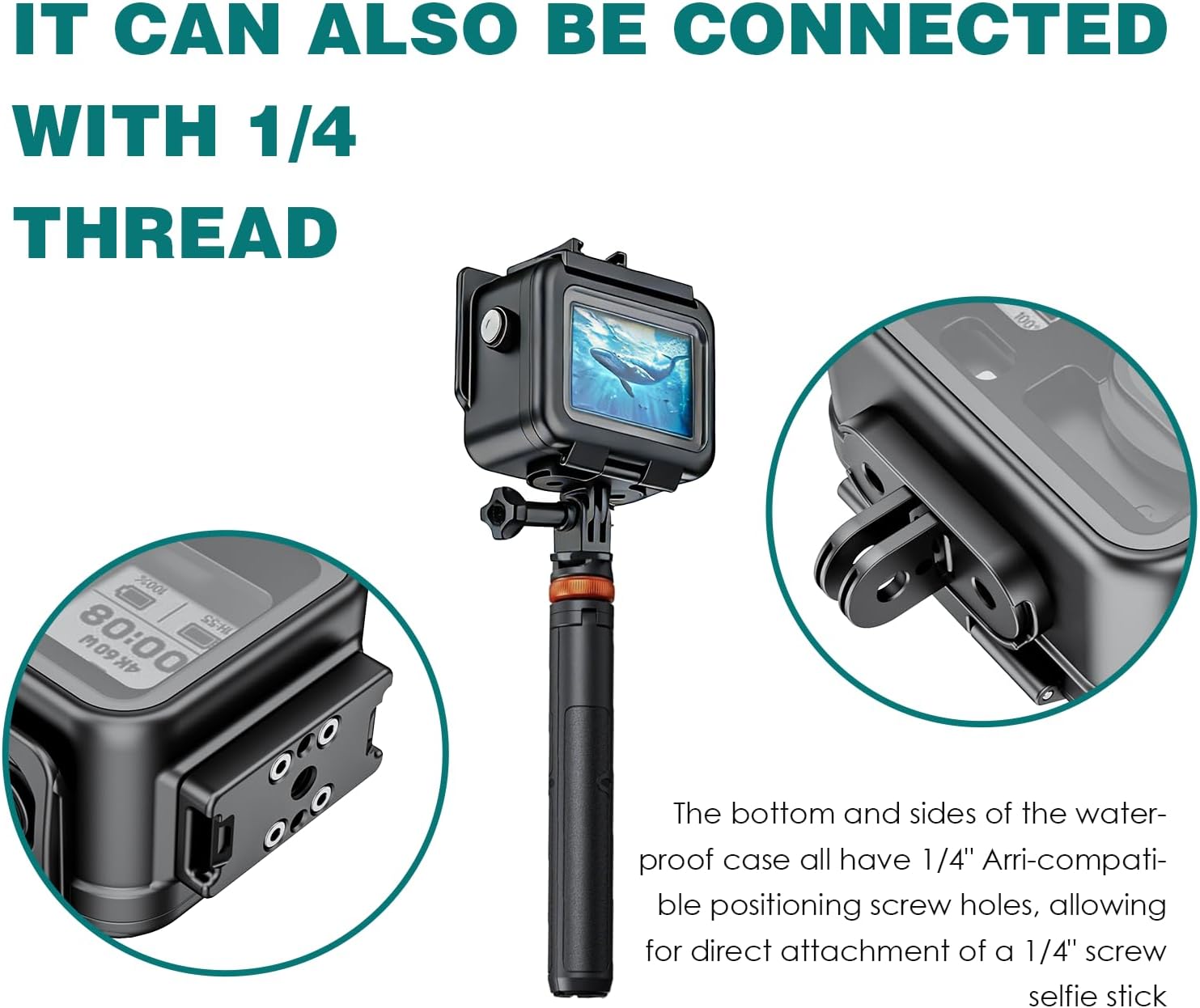 Aluminum Alloy Waterproof Housing Case for DJI Action 4/5/6, 60 Meter Diving Protective Shell with Tempered Glass, Magnetic Quick Installation, Black Metal (Without Handle)