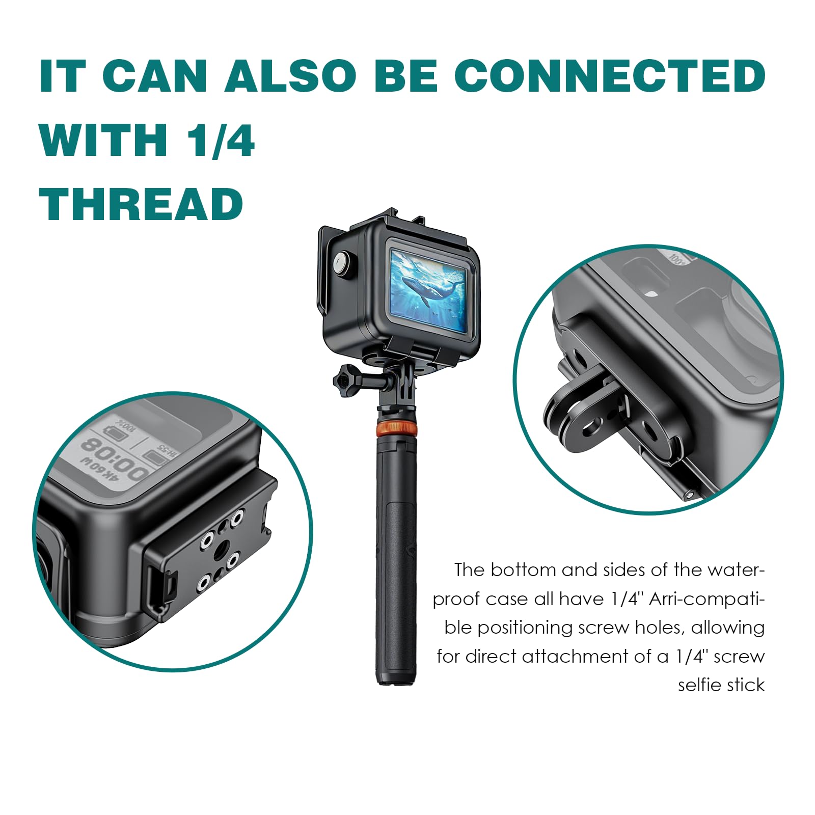 Carcasa impermeable de aleación de aluminio para DJI Action 4/5/6, carcasa protectora de buceo de 60 metros con vidrio templado, instalación rápida magnética, metal negro (sin asa)