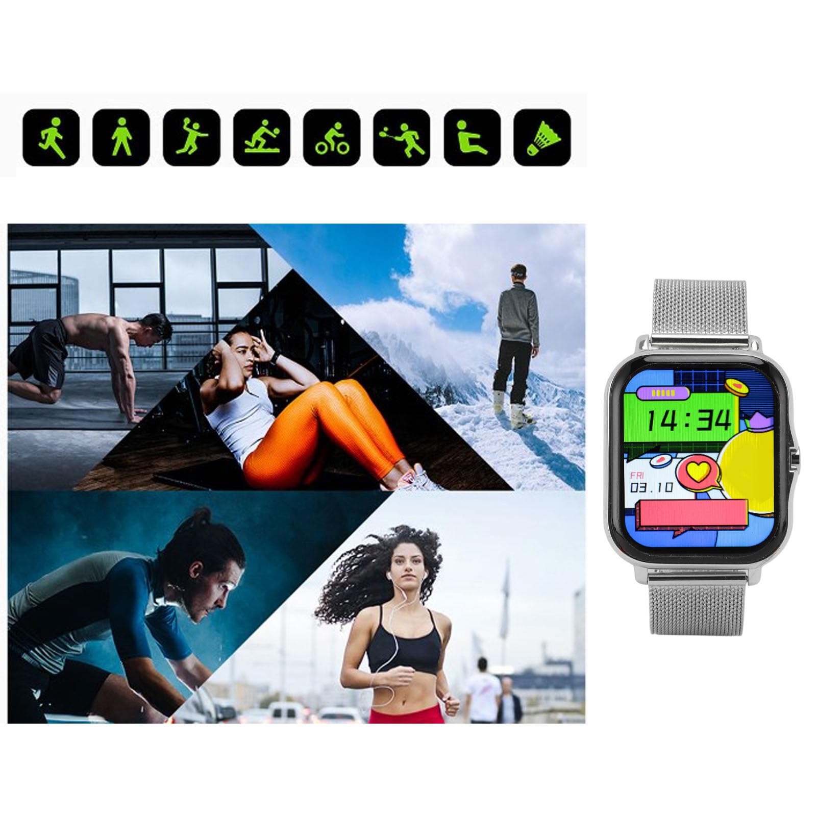 Orologio sportivo intelligente Schermo touch completo 1,69 pollici 12 modalità sportive Orologio fitness impermeabile IP68 per nuoto Corsa Ciclismo Uomo Donna (Argento)