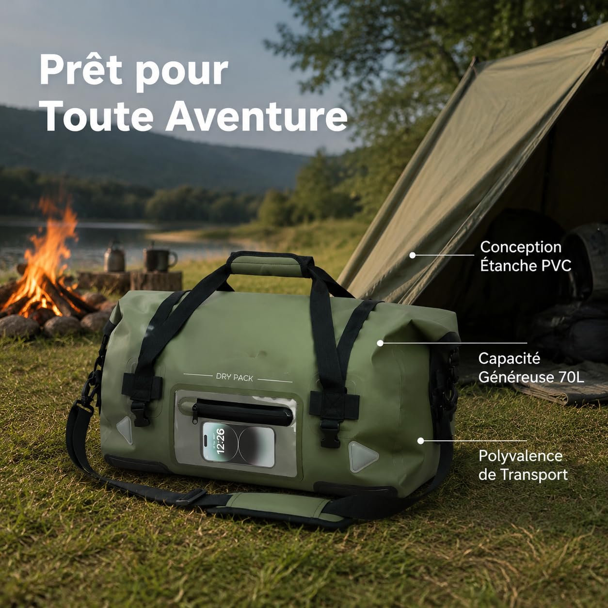 Amagogo Outdoor Waterproof Carrie Bagage Imperméable Sac de Transport Robuste Sac de Rangement de 75L en PVC Sac Multifonction avec Fermeture Roulée Adapté pour Randonnée Pêche, 70L