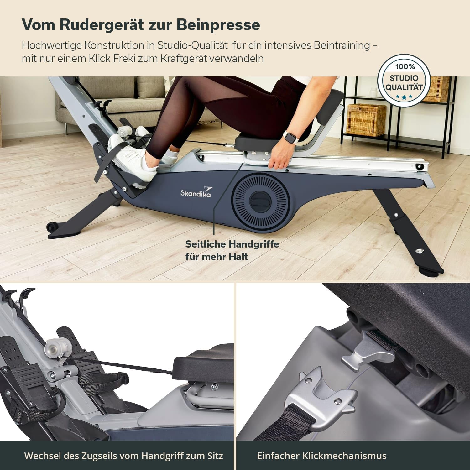 Skandika Rudergerät für Zuhause Freki, 24 Widerstandsstufen,19 Trainingsprogramme, 12kg Schwungmasse, Magnetwiderstand, Studio-Qualität, LCD-Display, Kinomap, aufstellbar, wartungsarm Bis 135kg