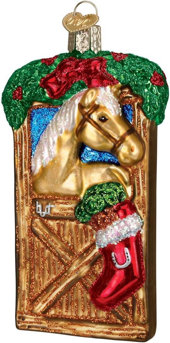 Old World Christmas Selection Glass Blown Ornaments for Christmas Tree Horse in Stall, Brown/Tan/Red/Green, 4. 25inch x 2inch x 1. 25inch