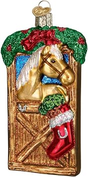 Old World Christmas Selection Glass Blown Ornaments for Christmas Tree Horse in Stall, Brown/Tan/Red/Green, 4. 25inch x 2inch x 1. 25inch