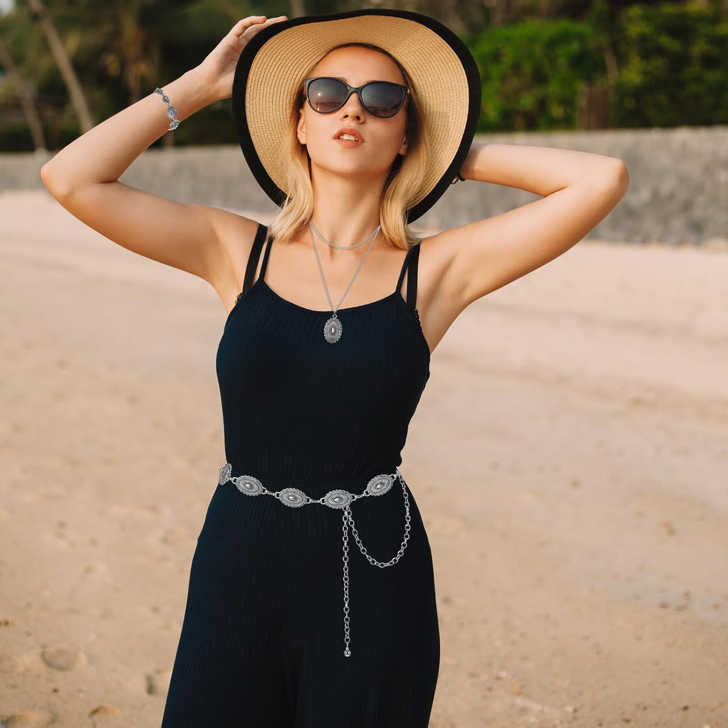 Haysandy 4 Pcs Turquoise Western Jewelry Sets for Women Bohemian Vintage Concho Necklace Classic Dangle Earrings Bracelet Belt - Image 6