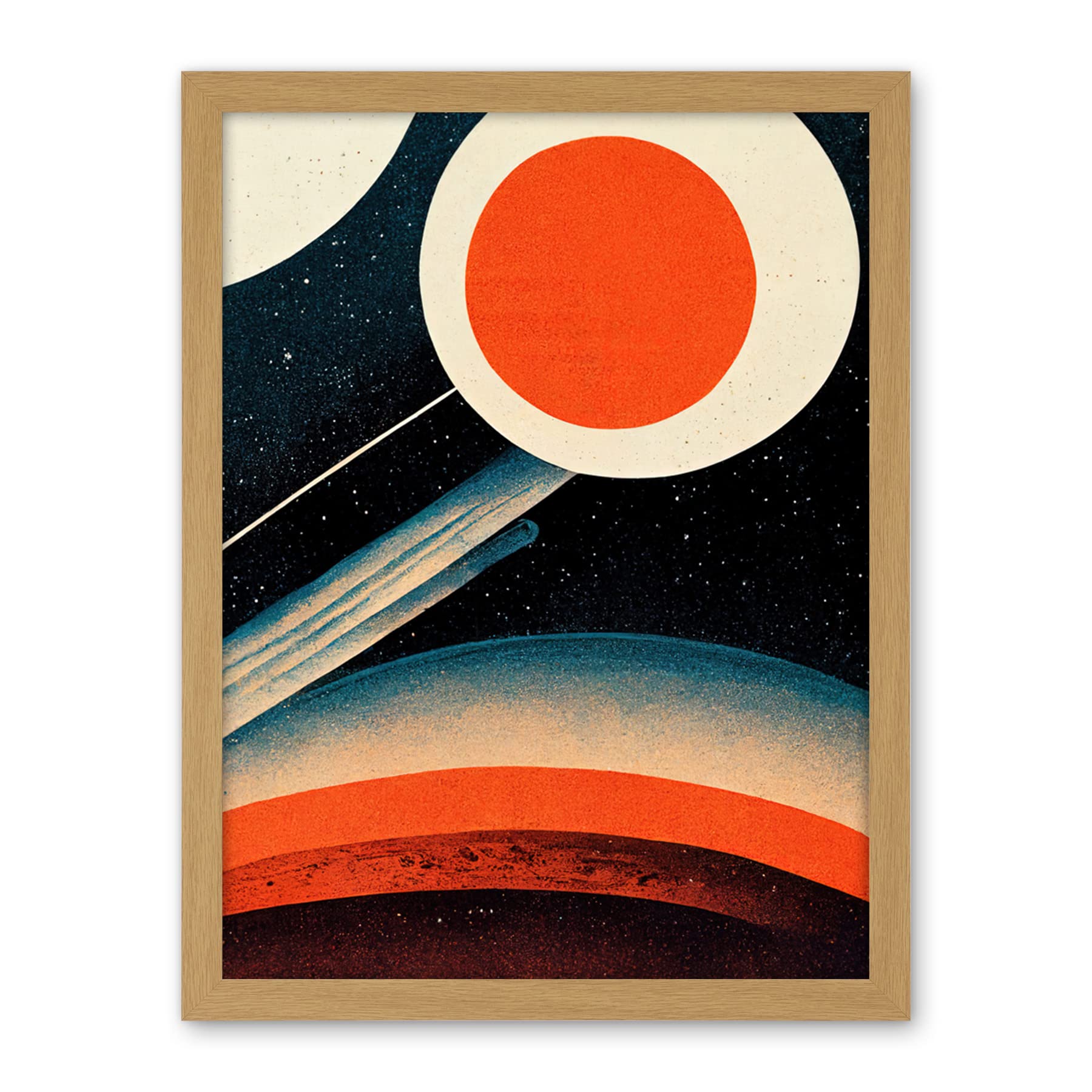 Wee Blue Coo Retro Boho Space Starscape Abstract Mid Century Style Navy Teal Orange Cream Artwork Framed Wall Art Print 18X24 Inch