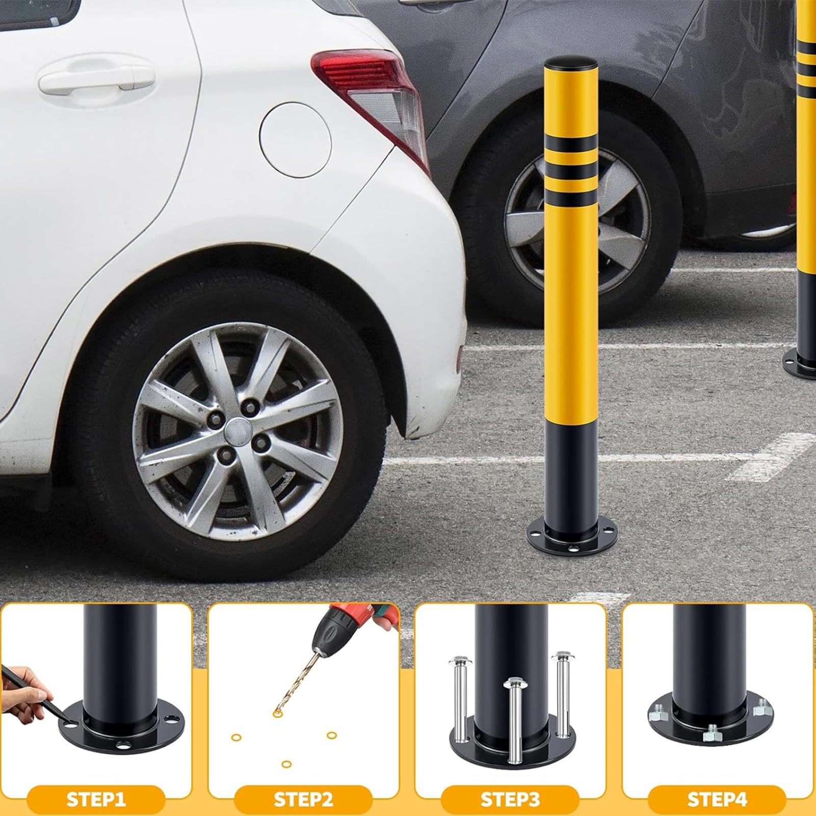 Odblaskowa stalowa osłona parkingowa ze śrubami kątowymi – wytrzymała bariera bezpieczeństwa do magazynów, sklepów detalicznych i szkół, łatwe w instalacji, bezpieczne rozwiązanie parkingowe