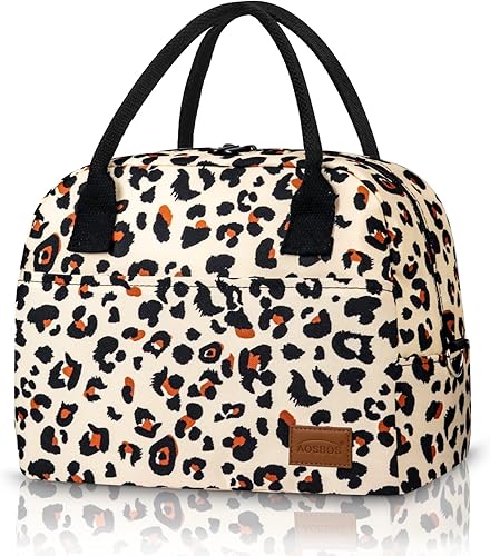 Aosbos Lonchera para mujer, lonchera aislada para adultos, bonita bolsa de mano para el trabajo, oficina, picnic, loncheras para mujer, leopardo