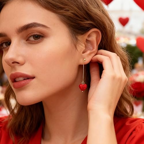 Miniatura 2 de Aretes de corazón rojo, regalos para el día de San Valentín para ella, aretes de corazón de amor con diamantes de imitación, aretes colgantes de San