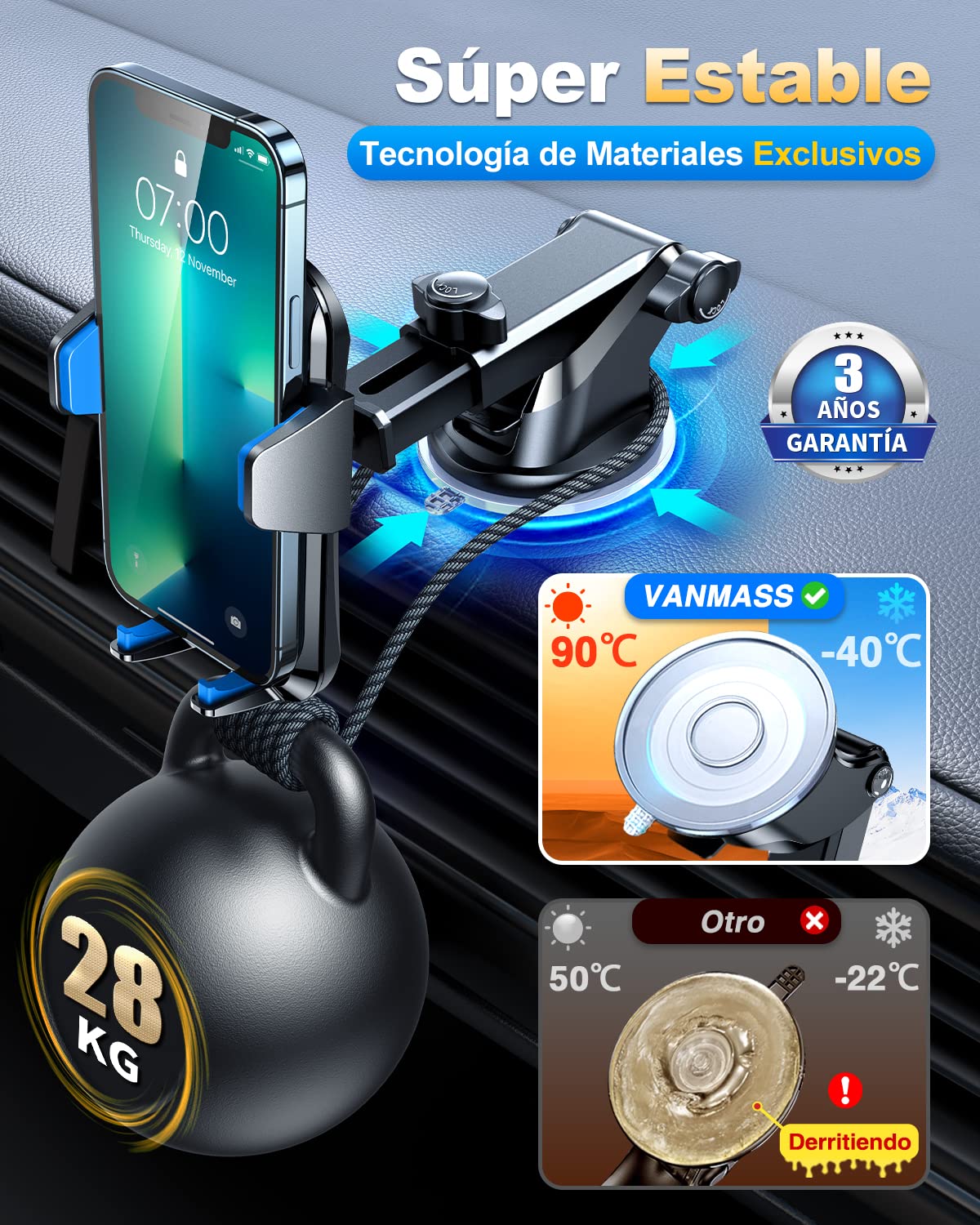 VANMASS 【Patentes y Certificados de Seguridad Soporte Movil Coche 2025【29+KG Succión Protección Militar】 Teléfono Salpicadero Parabrisas Ventilación para iPhone 16 15 Pro MAX Samsung, Azul